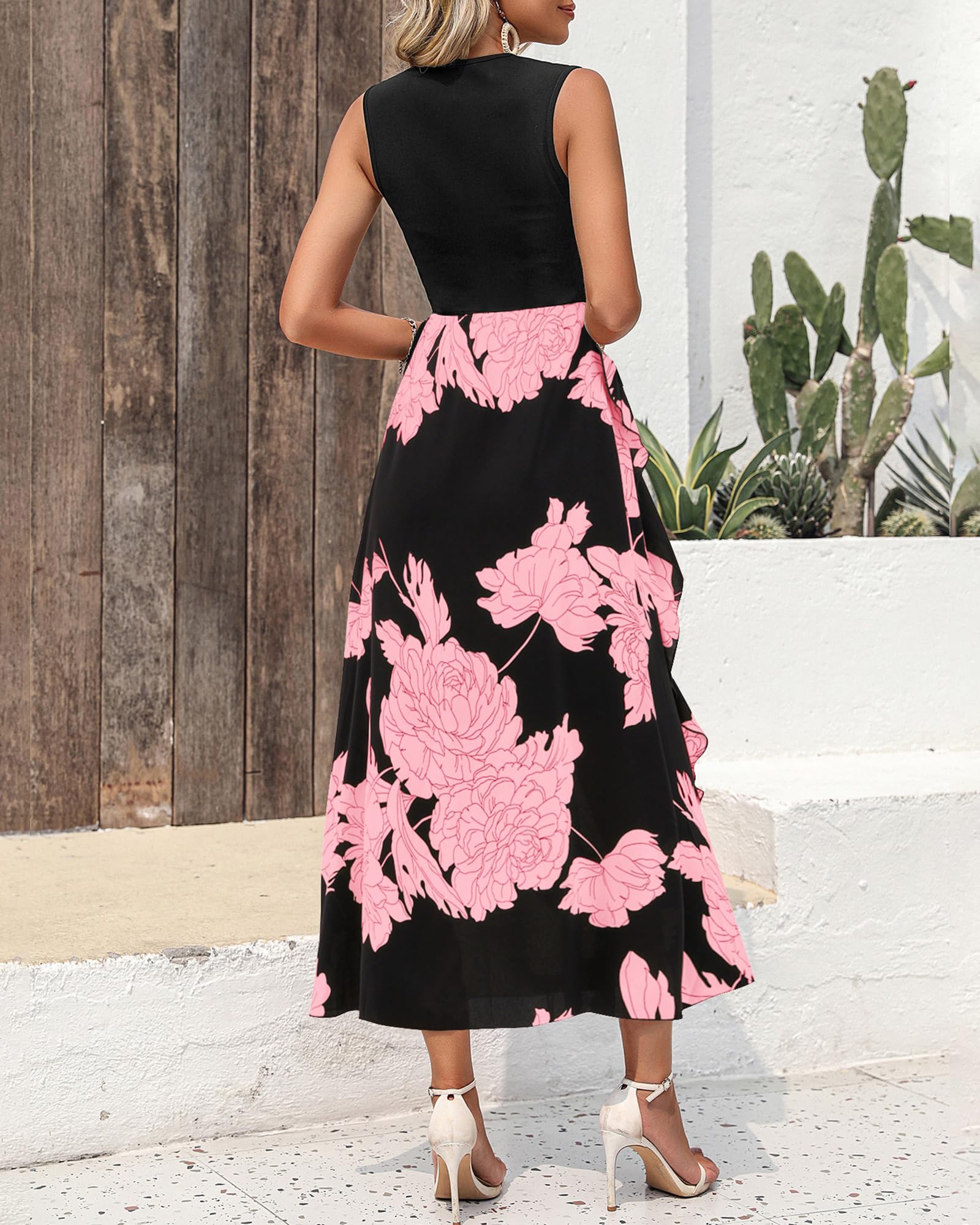 BTFBM Women's Boho Floral Patchwork Midi Dress - Sleeveless Ruffled Cocktail Party Dress for Summer & Spring 2025 | Perfect for Beach Vacations, Garden Parties & Date Nights