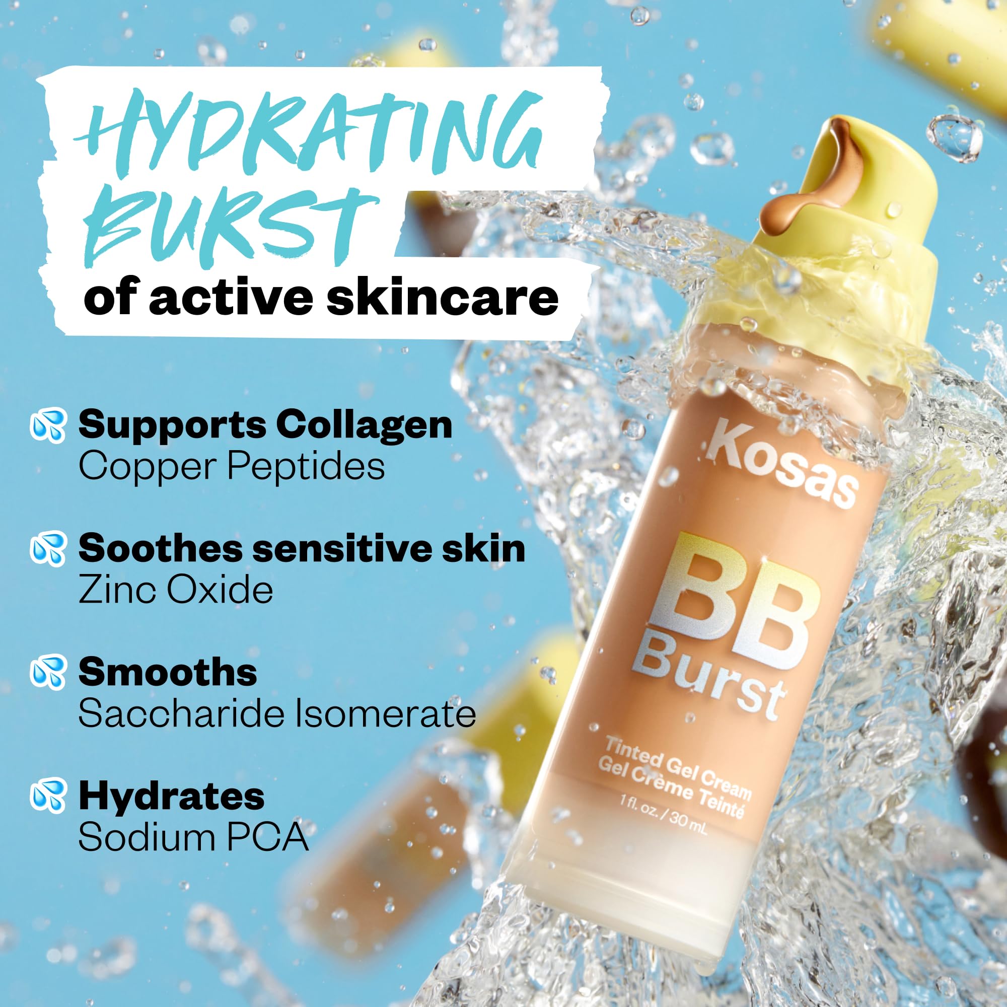 Kosas BB Burst Tinted Face Gel Cream - Lightweight Buildable Coverage, Hydrating & Moisturizing, Smooths Skin & Supports Collagen - Light Neutral 12 (1 Oz/30 ML) - Perfect for Daily Wear, Natural Makeup Looks & On-The-Go Touch Ups