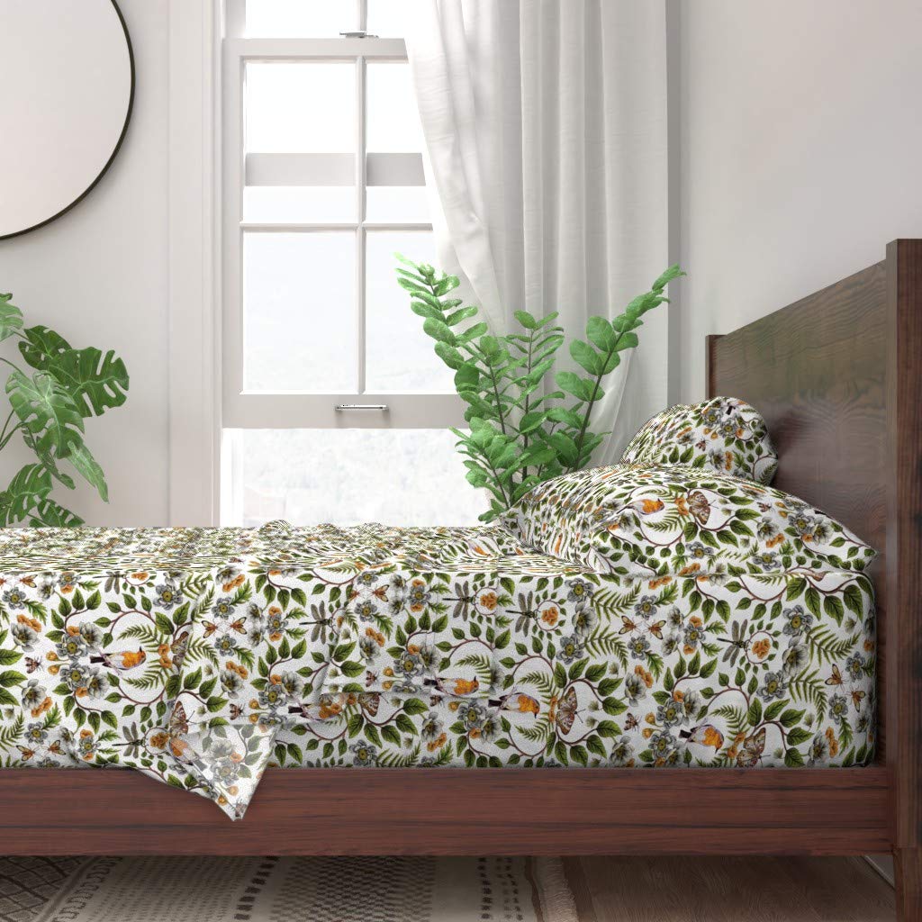 Premium 100% Cotton Twin 3-Piece Sheet Set | Nature-Inspired Botanical Damask Floral Print with Birds, Dragonflies & Leaves | Soft Breathable Bedding for Spring & Summer | Perfect for Guest Rooms, Dormitories & Cozy Home Decor