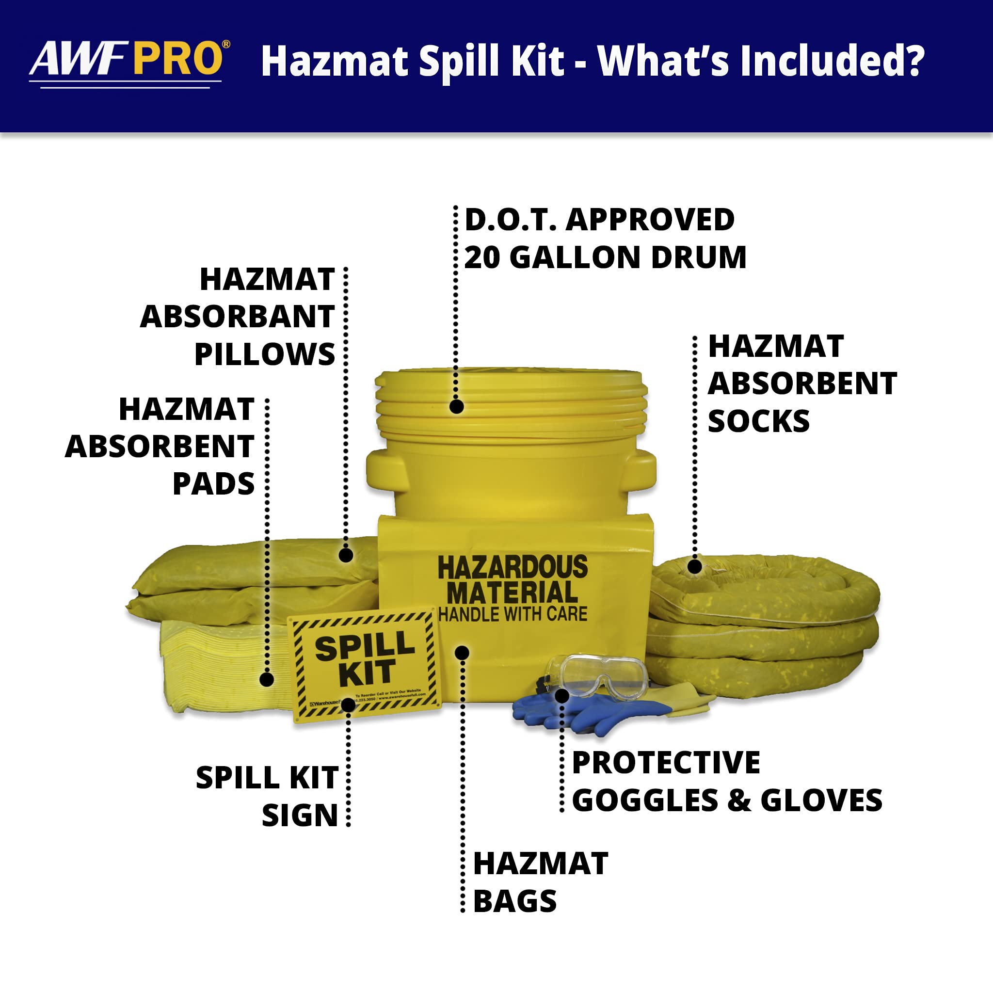 AWF PRO 20 Gallon Spill Kit - 59 Piece Oil Absorbent Kit for Coolants, Solvents & Water - Includes DOT Approved 20g Drum, Socks, Pads, Pillows & Accessories - Ideal for Workshop, Garage & Industrial Spill Cleanup (Hazmat Spill Kit)