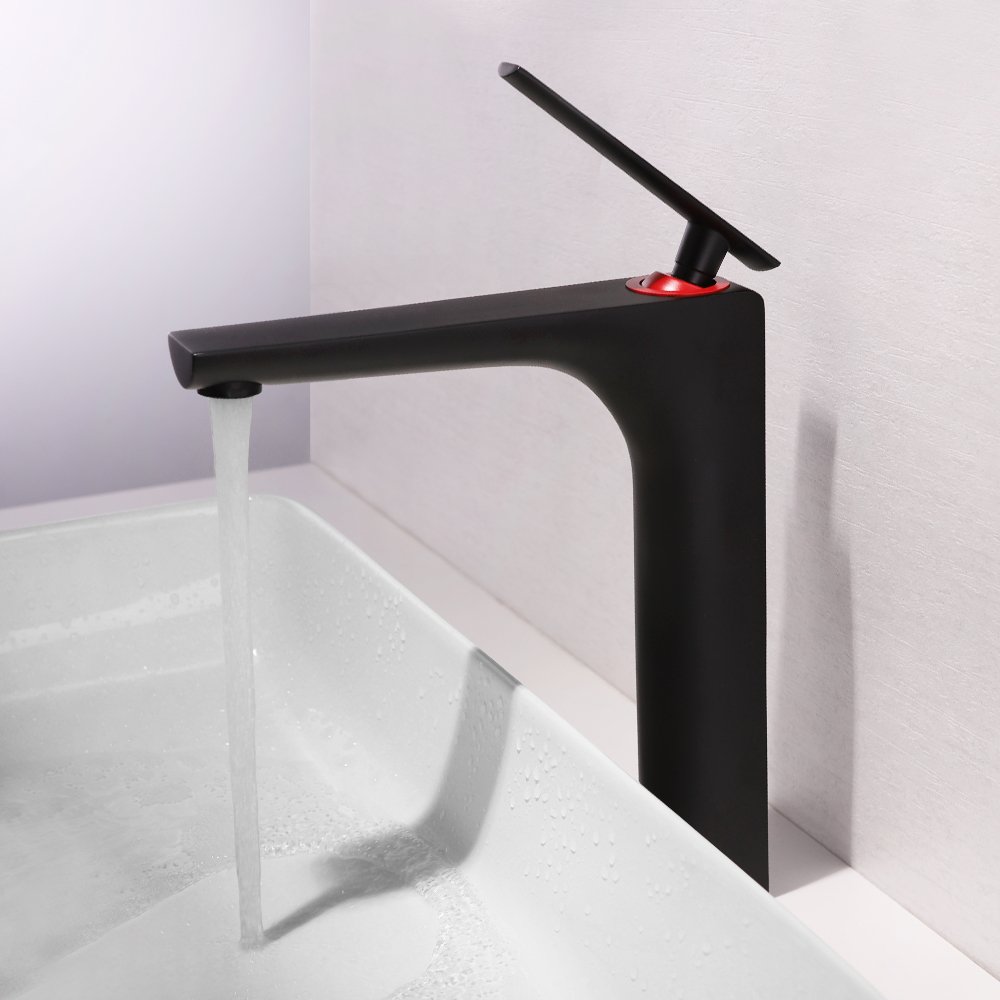 Single Hole Bathroom Faucet - 11.2 Inch Tall Matte Black & Red Copper Vessel Sink Mixer Tap for Vanity & Basin - Perfect for Modern & Farmhouse Bathroom Decor