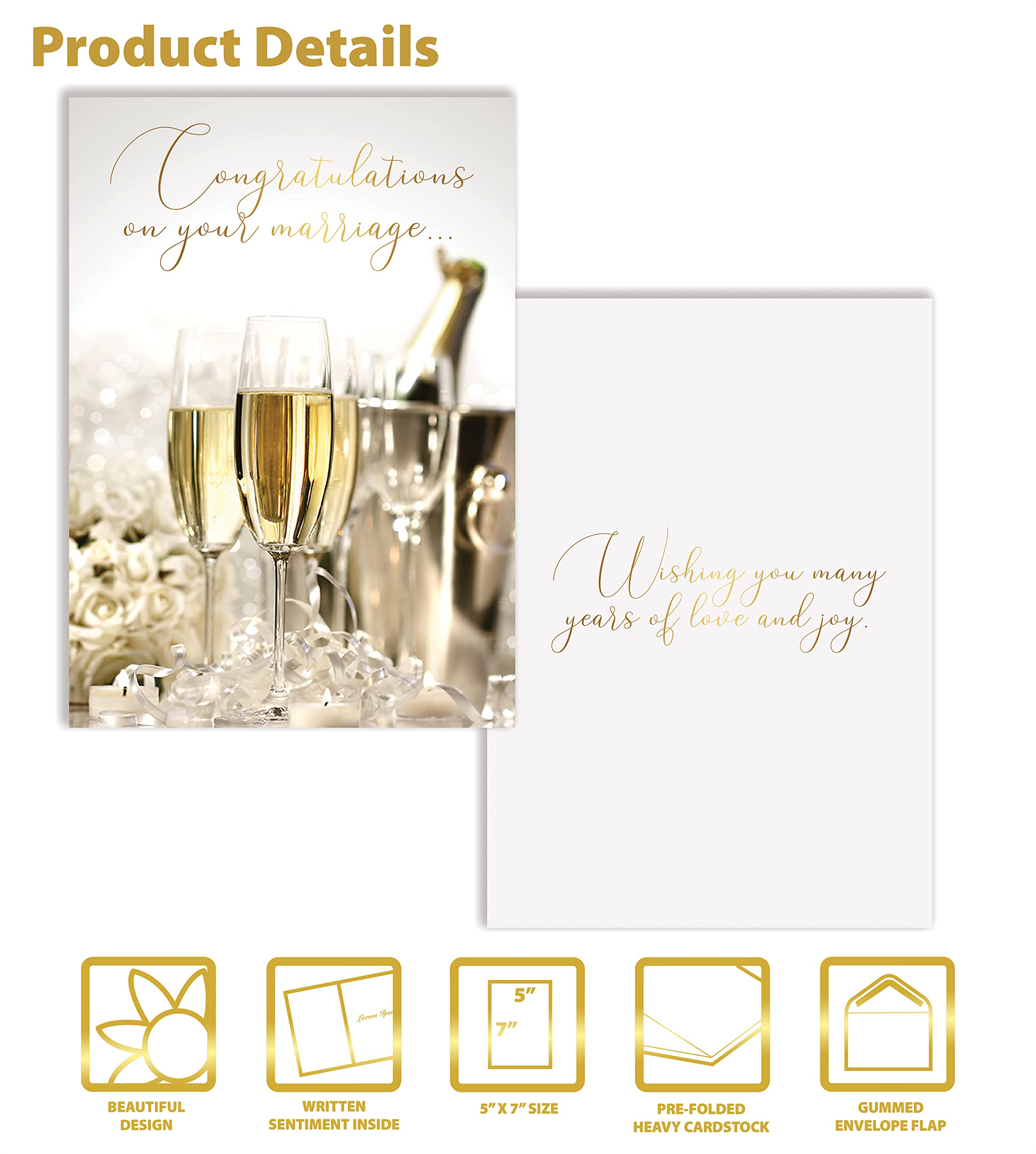 Elegant Wedding Congratulations Card with Gold Foil & Shimmer Envelope - 5x7 Inch Premium Cardstock, High Gloss Finish - Perfect for Bridal Showers, Anniversaries & Special Occasions