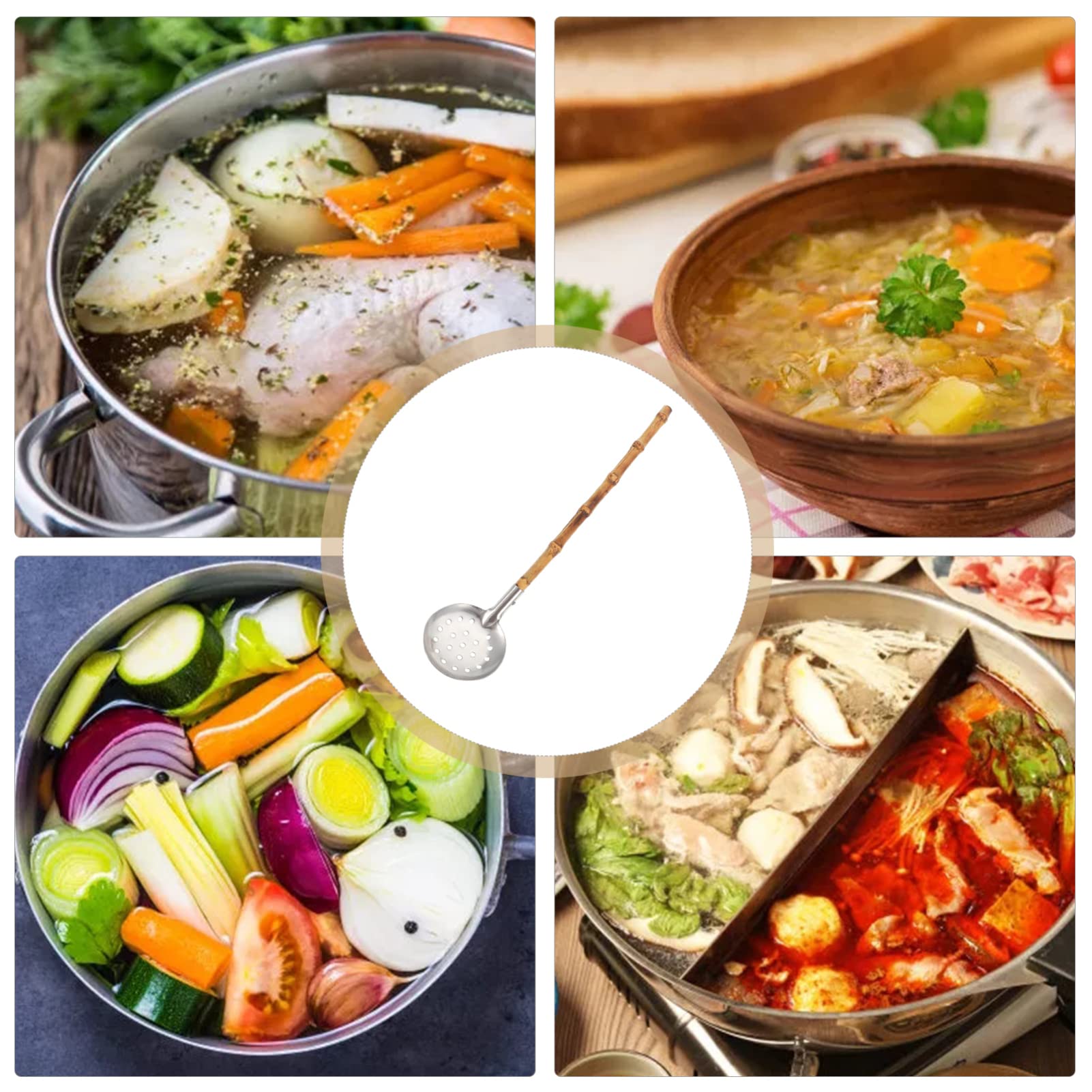 Premium Wooden Hot Pot Spoon & Stainless Steel Skimmer - 2-in-1 Long Handle Soup Spoon for Ramen, Pho & Asian Cooking | Japanese-Style Bamboo Utensil Set for Noodles, Dumplings & Hot Pot Dining