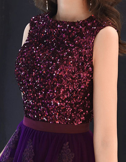 Elegant Purple Sequined A-Line Tulle Evening Gown for Women - Perfect for Prom, Party, Wedding & Formal Events