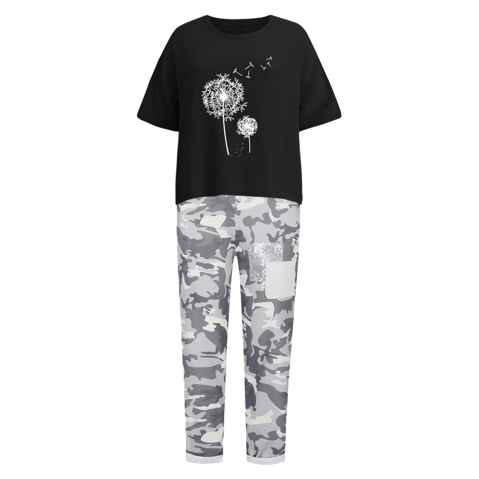 Women's 2-Piece Linen Lounge Set - Breathable Short Sleeve Dandelion Print Shirt & Camouflage Capri Pants for Summer | Casual Outfit for Home, Beach & Vacation