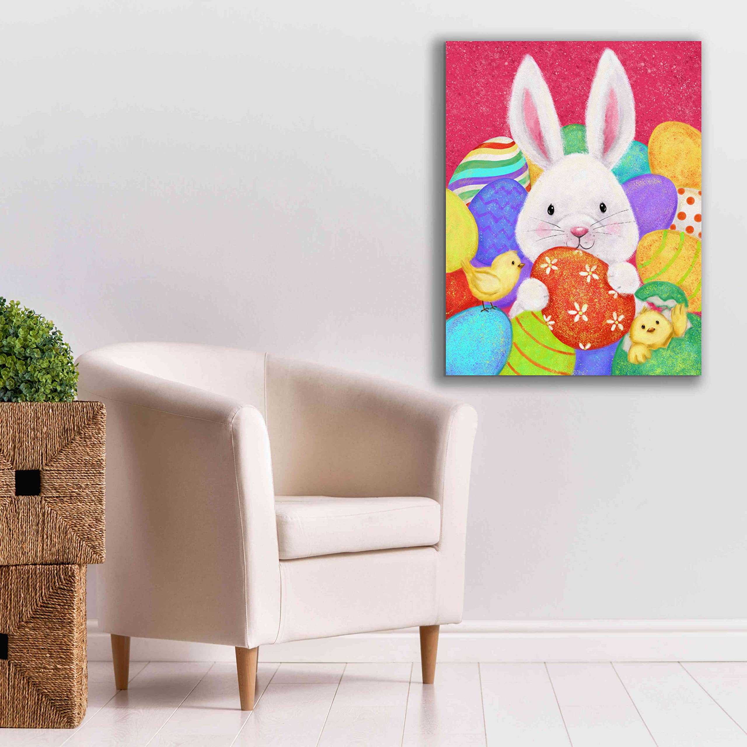 Easter Rabbit Wall Art by Makiko - 26x34 Inch Canvas Painting, Spring Home Decor, Easter Bunny Nursery Decor, Living Room Wall Hanging for Holiday & Seasonal Decorations