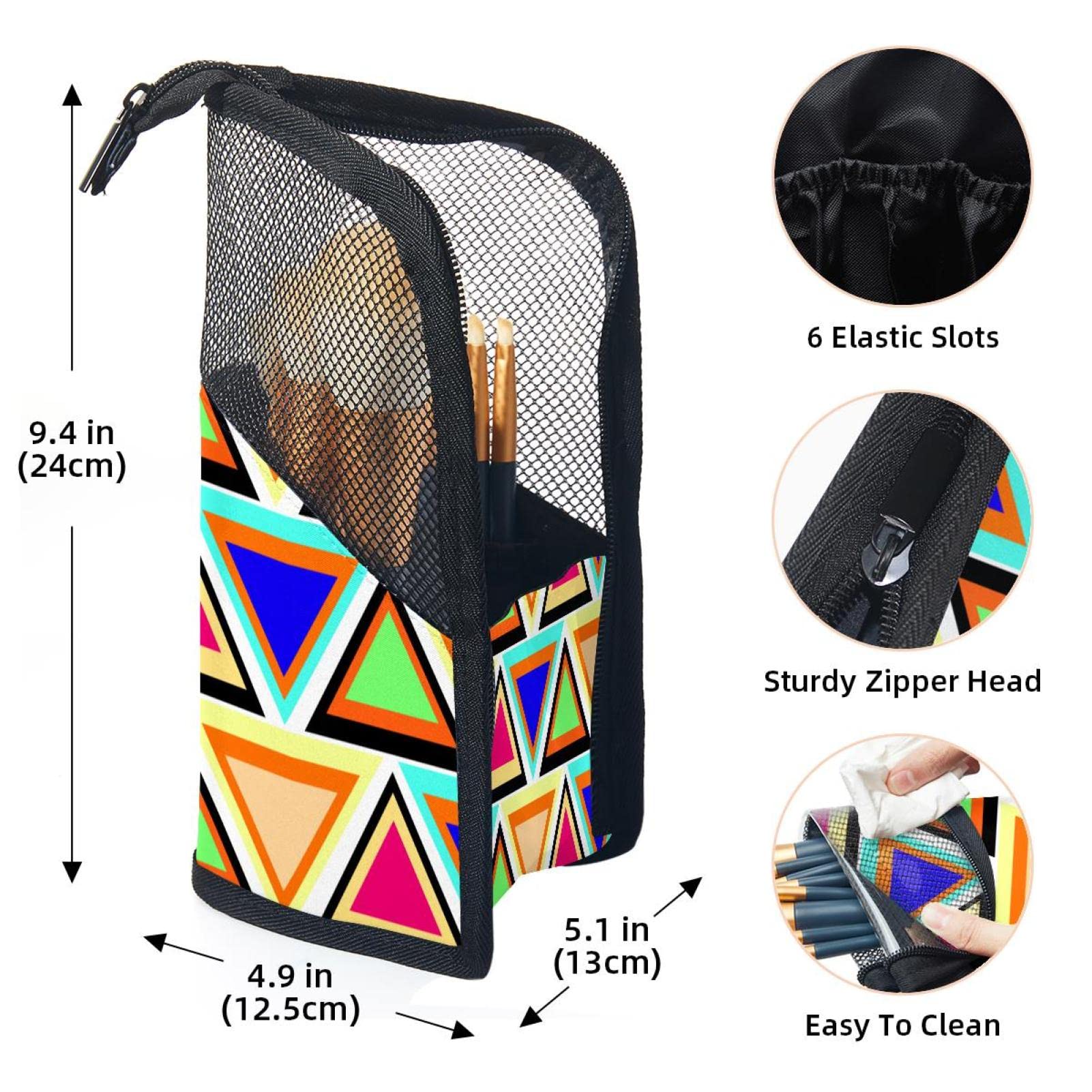 12-Piece Makeup Brush Organizer Bag with Geometric Triangle Retro Design - Portable Travel Cosmetic Brush Holder Case for Professional & Home Use