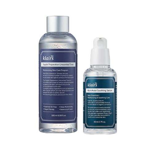 DearKlairs Supple Preparation Unscented Toner 180ml & Rich Moist Soothing Serum 80ml Set - Hydrating Korean Skincare Routine for Dewy Glow | Daily Moisturizing Face Care for Dry & Sensitive Skin | Perfect for Morning & Nighttime Skincare Regimen