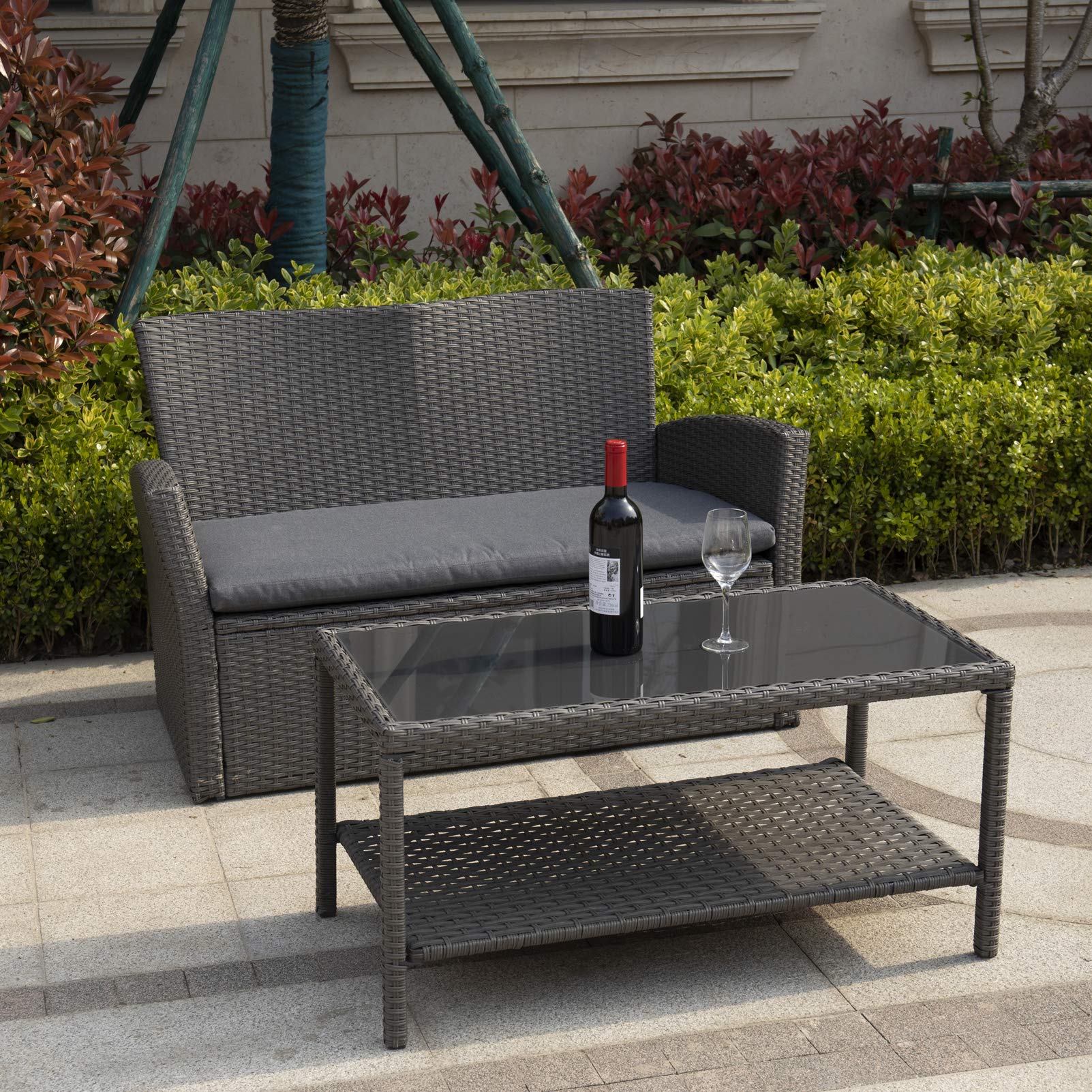 Outdoor Coffee Side Table with Glass Top - All-Weather Wicker Patio End Table for Garden, Balcony & Deck - Gray Rectangle Storage Table for Drinks, Books & Decor
