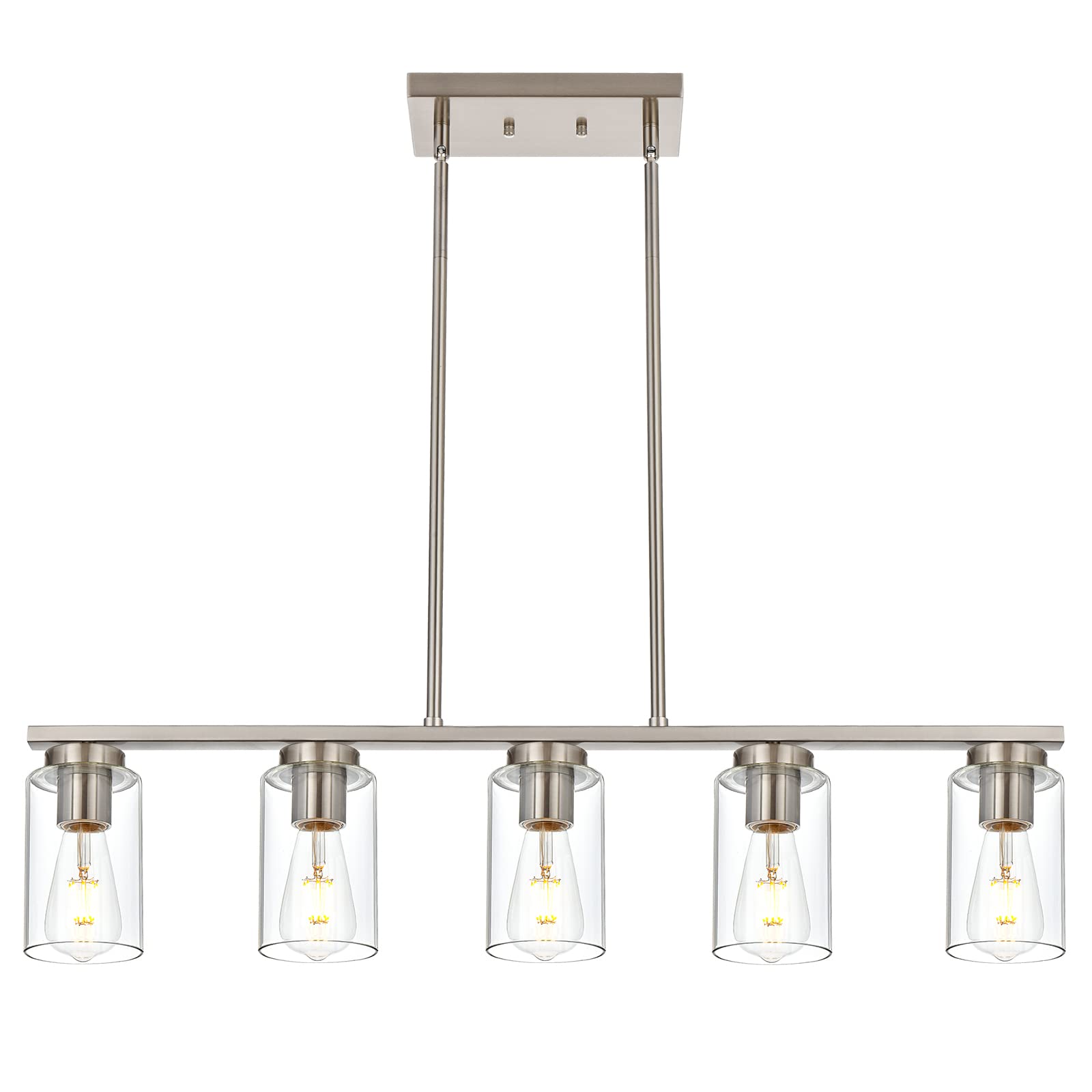 VINLUZ 5-Light Farmhouse Chandelier - Brushed Nickel Linear Pendant Lighting with Glass Shades for Kitchen Island, Dining Room, Foyer & Restaurant | Rustic Ceiling Fixture for Modern Farmhouse Decor