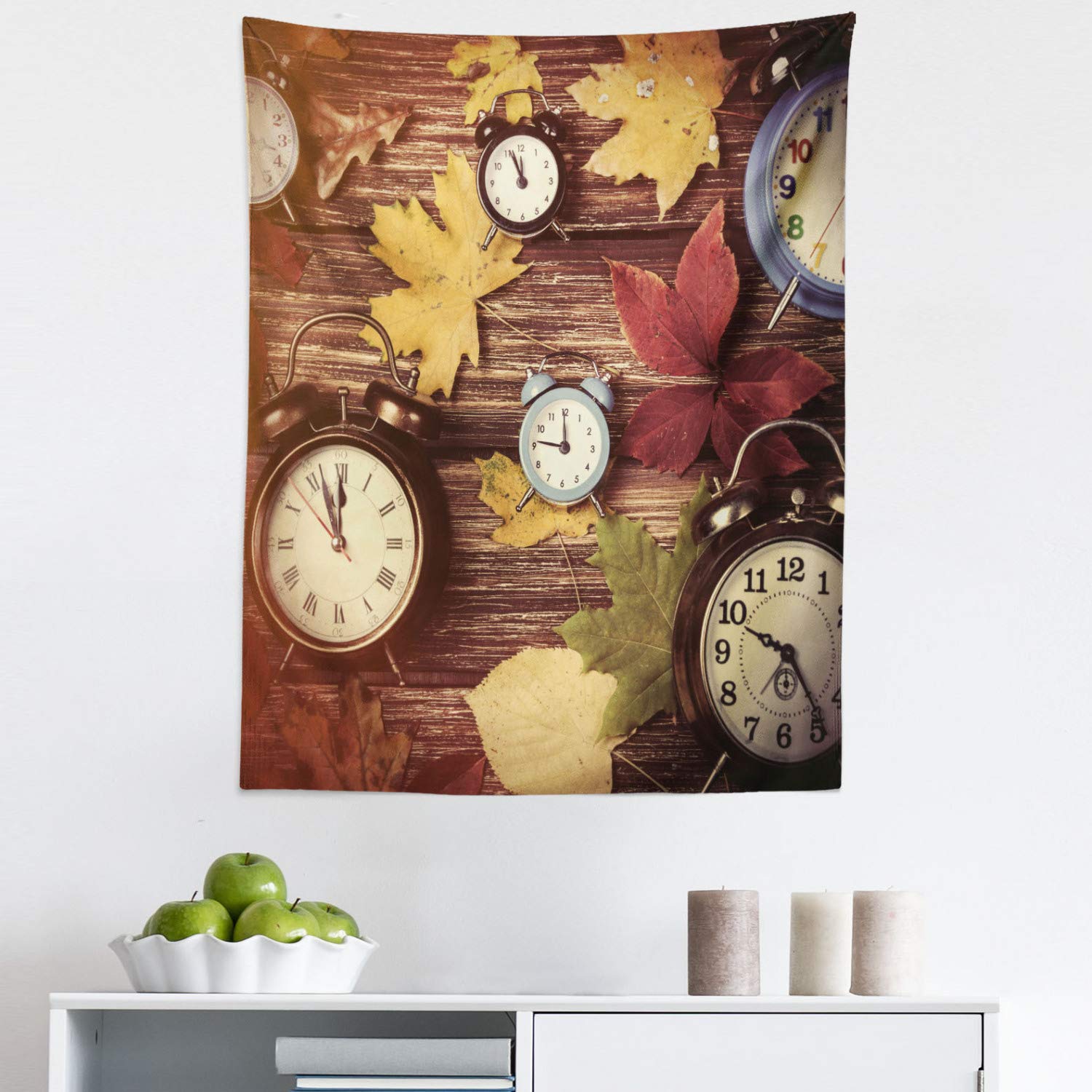 Ambesonne Autumn Tapestry - Vibrant Dry Maple Leaves & Vintage Alarm Clocks on Wooden Plank Print Fabric Wall Art | 23x28 Inch Multicolor Fall Decor for Bedroom, Living Room, Dorm | Cozy Seasonal Home Decoration for Thanksgiving & Halloween