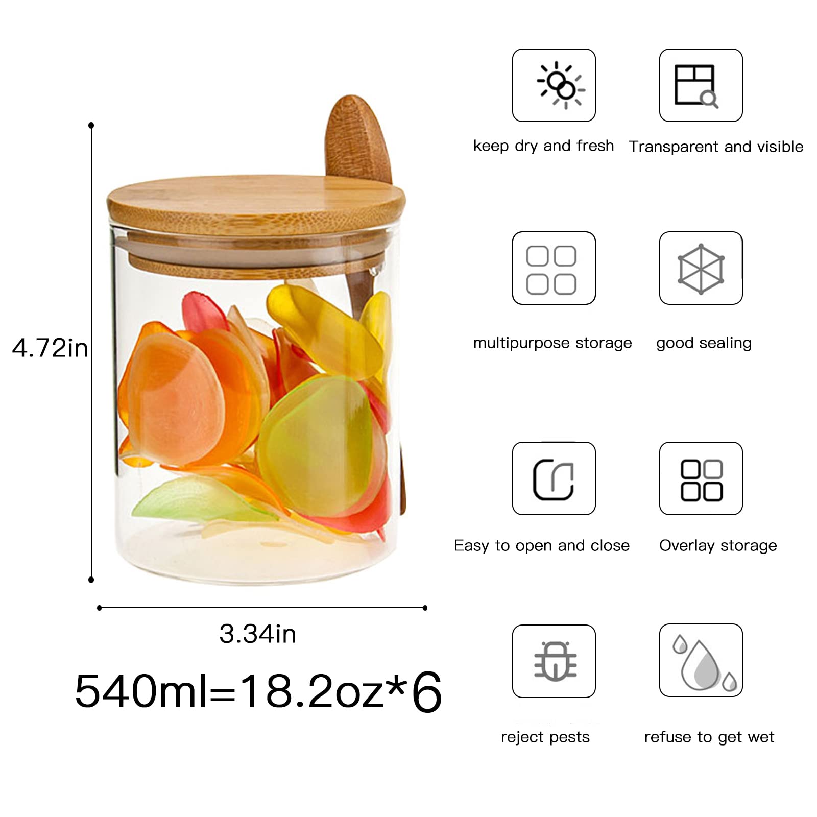 6 Pack 18.2 oz Airtight Overnight Oats Containers with Bamboo Lids & Spoon - Borosilicate Glass Food Storage Jars for Kitchen, Coffee Beans, Spices, Candy, Cookies, Salad, Flour - Perfect for Meal Prep, Pantry Organization & Healthy Breakfast On-The-Go