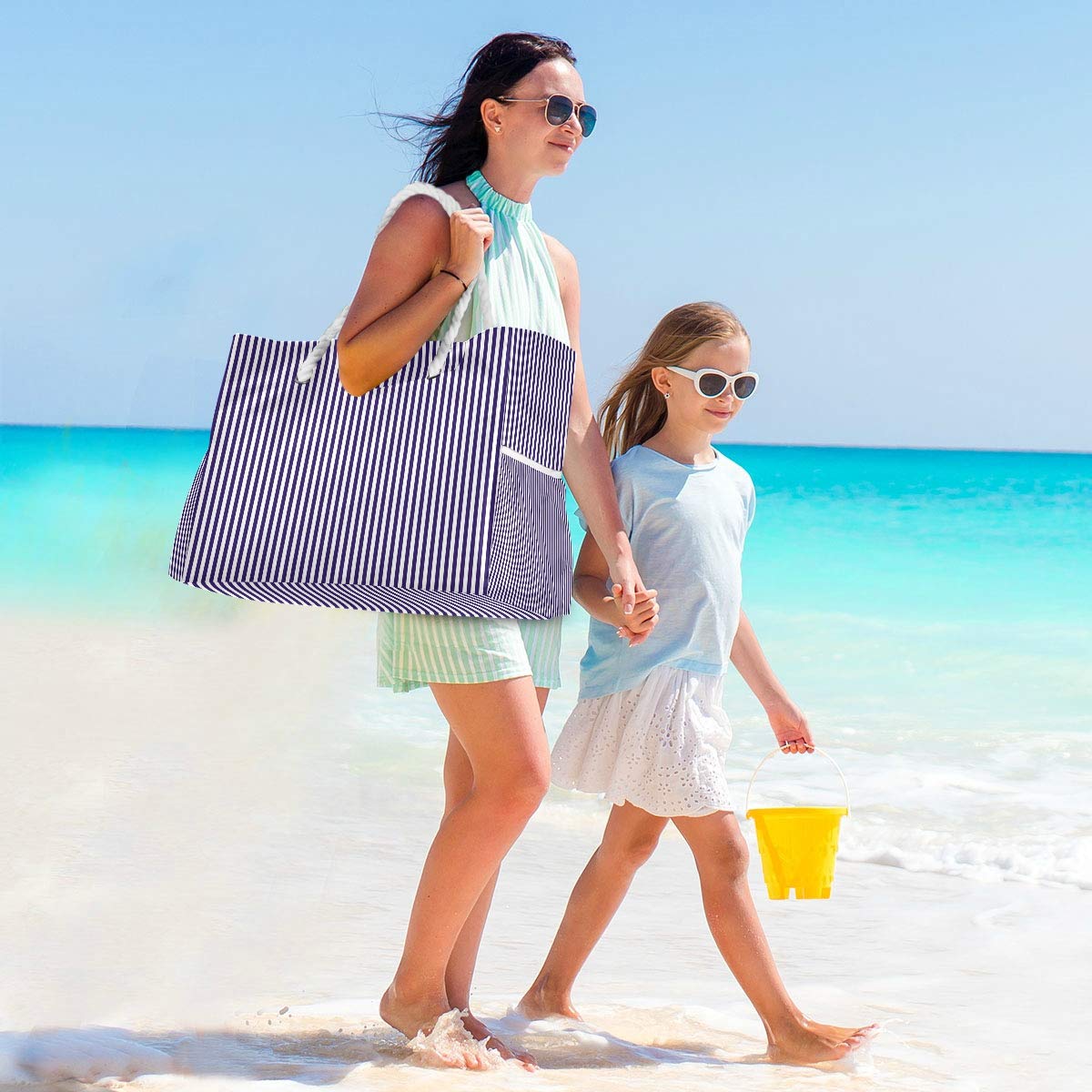 Waterproof Beach Tote Bag with Zipper Top & Long Rope Handles - Large Patterned Tote for Women, Summer Travel, Pool & Beach Essentials