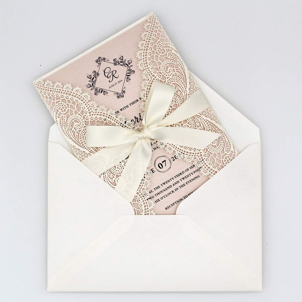 25-Pack White Lace Laser Cut Wedding Invitations with RSVP Cards - Elegant Blush Pink Shimmer Stationery for Weddings, Sweet 16 Parties, Bridal Showers & Birthday Celebrations - Perfect for Formal Events & Special Occasions