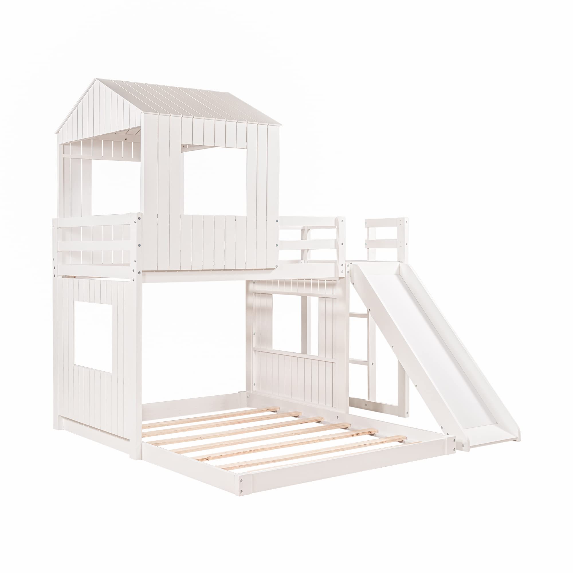 Merax Twin Over Full Bunk Bed Frame with Slide - Sturdy Wooden House Design with Safety Guardrails & Ladder - Space-Saving Kids Bedroom Furniture for Boys, Girls, Teens - Perfect for Shared Rooms, Sleepovers & Small Spaces