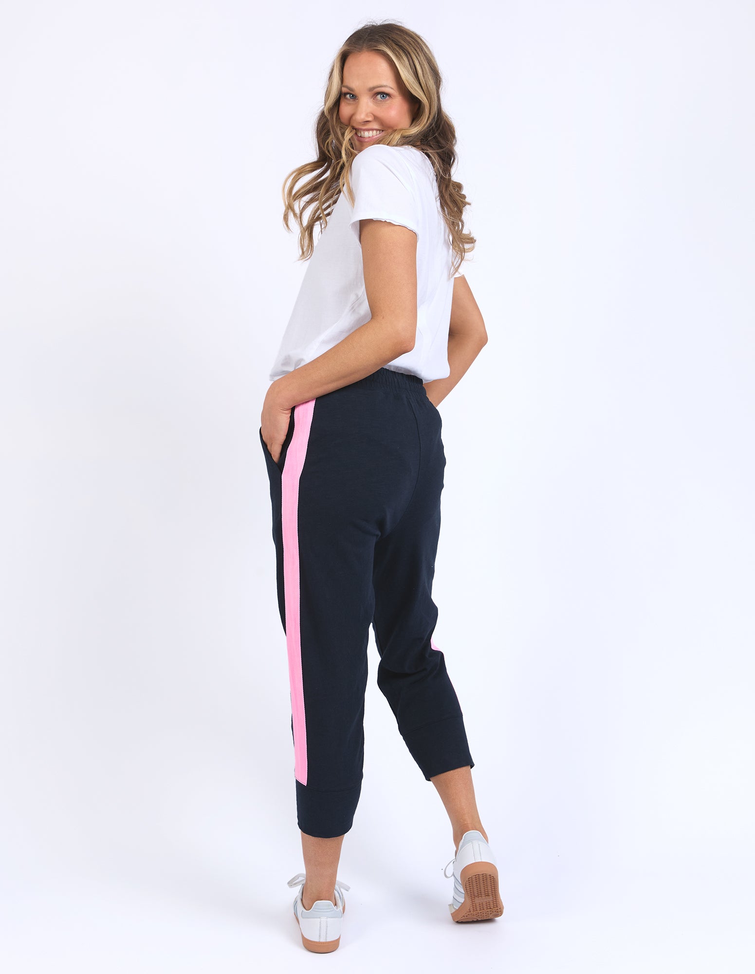 Elm Brunch Pants for Women - Navy Blue with Neon Pink Tape Trim - Comfortable Casual Lounge Pants for Yoga, Running Errands & Relaxing at Home