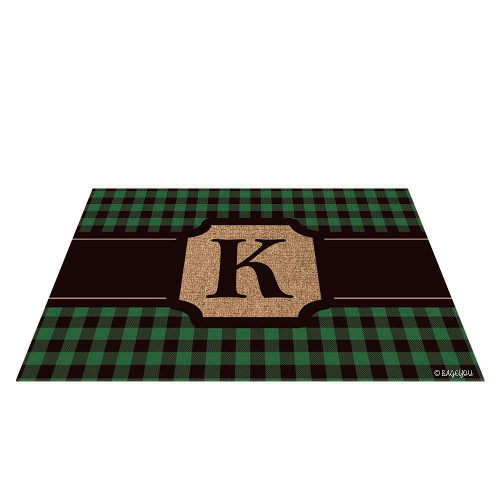 BAGEYOU Classic Buffalo Check Plaid Doormat - Black Monogram Letter K Rug - 35.4