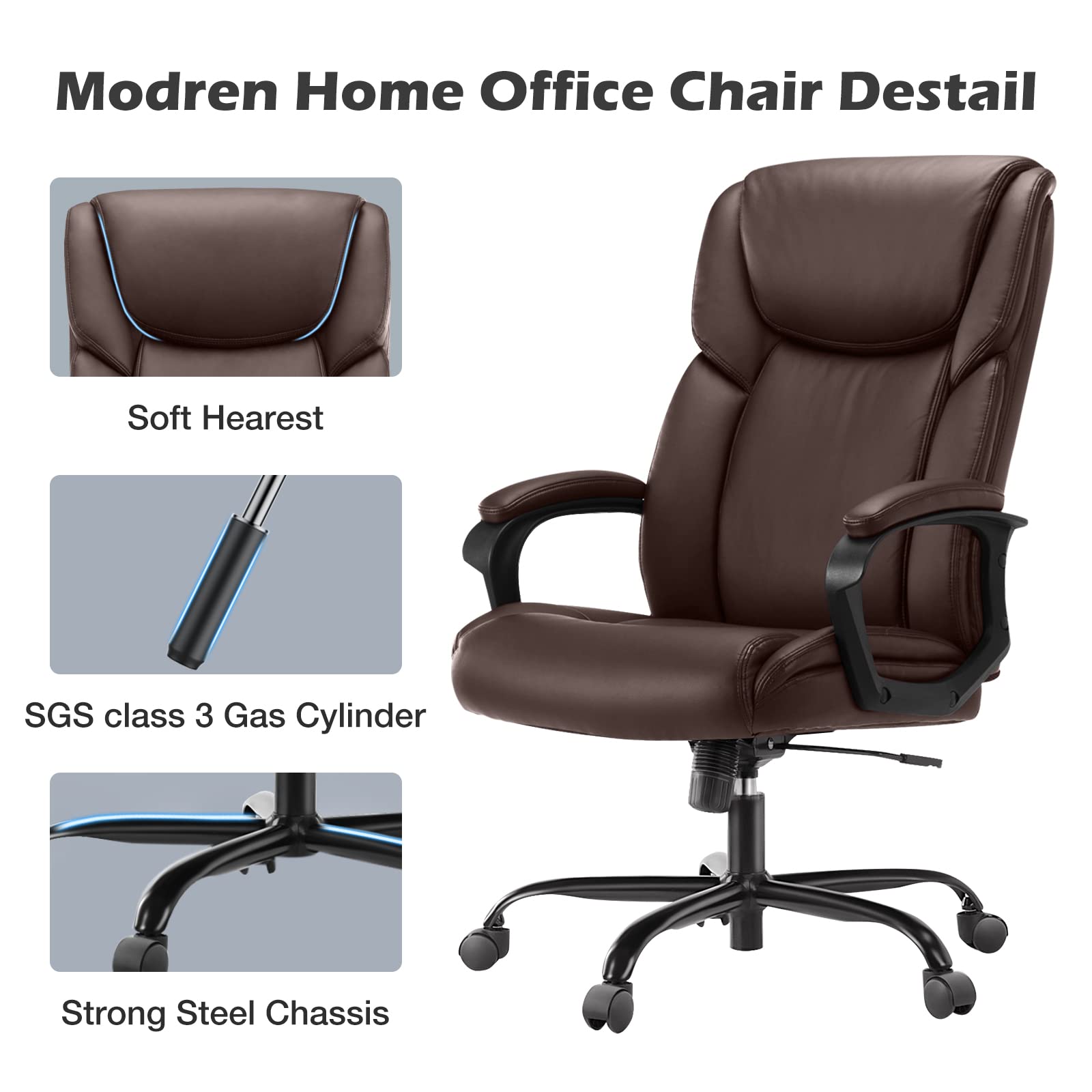 Premium Ergonomic Office Chair for Heavy People - High Back PU Leather Executive Desk Chair with Lumbar Support, Adjustable Height & 360° Swivel Wheels - Perfect for Home Office, Gaming & Workspaces
