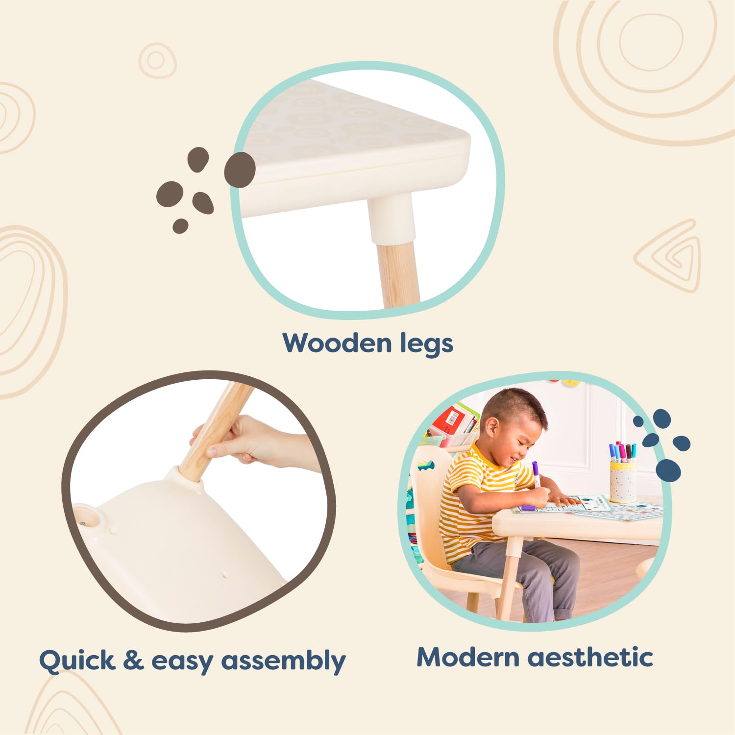 B. Toys B. Spaces Toddler Table and Chair Set - Natural Wooden Legs, Ivory Color - 1 Craft Table & 2 Chairs for Kids Ages 3+ | Perfect for Arts & Crafts, Playtime, and Learning Activities