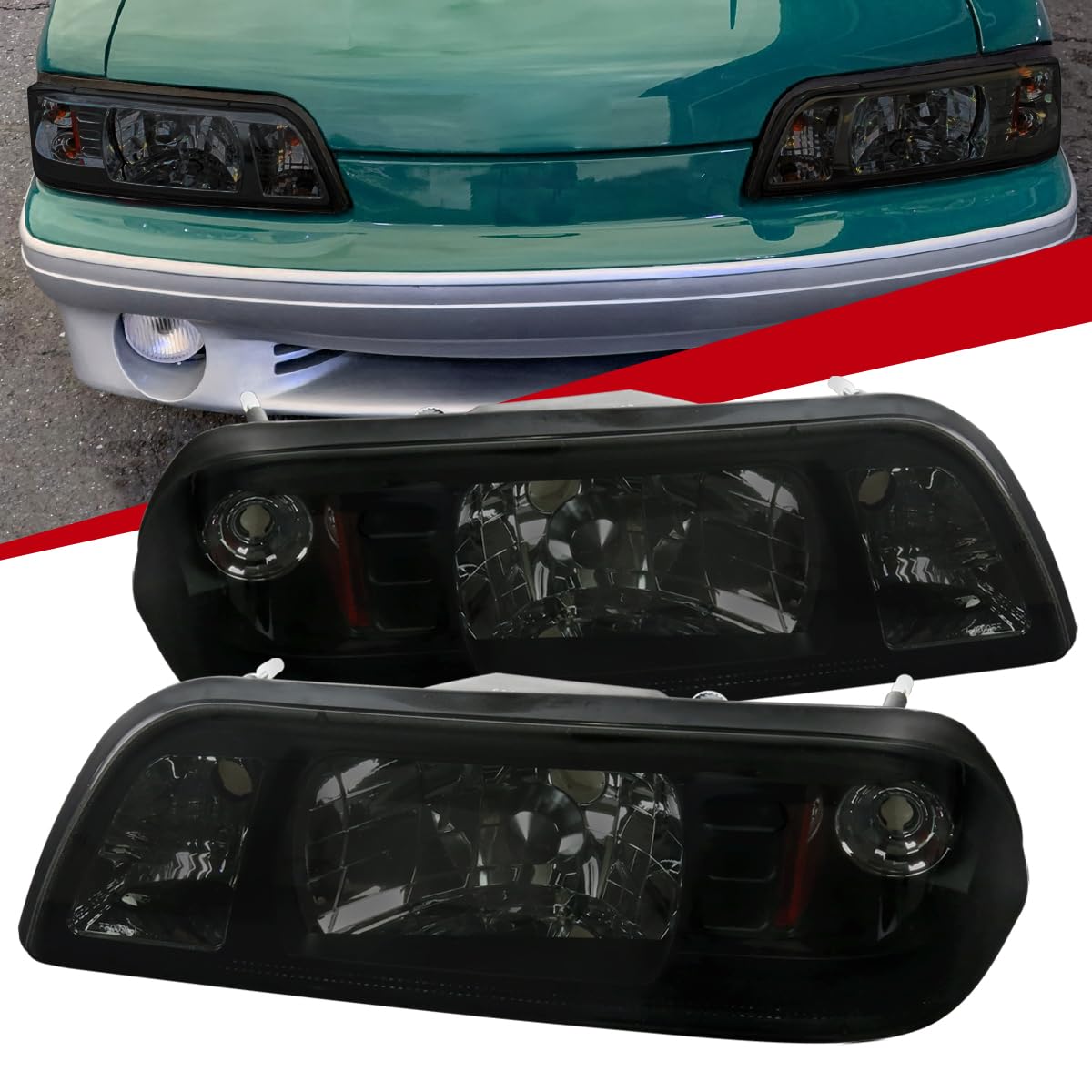 Ford Mustang 1987-1993 Replacement Headlights - Smoke Euro 1-Piece Style Head Lamps for Improved Visibility & Style | Perfect for Night Driving & Car Upgrades
