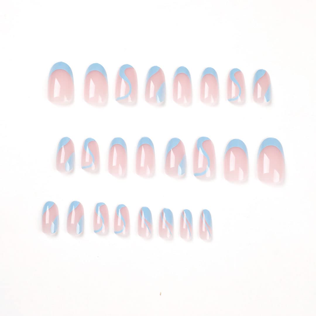 French Tip Press on Nails - Medium Fake Nails with Swirl Design, Blue Stick on Nails, Almond Shaped Artificial Nails for Women | Perfect for Parties, Weddings, and Daily Wear