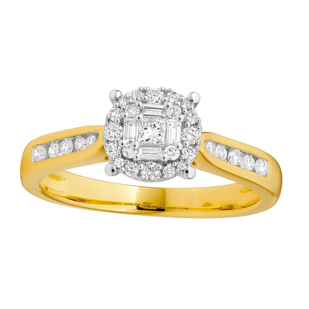 9ct Yellow Gold 3/8 Carat Diamond Ring with Brilliant Princess & Baguette Cut Diamonds | Elegant Wedding Band, Anniversary Gift for Her