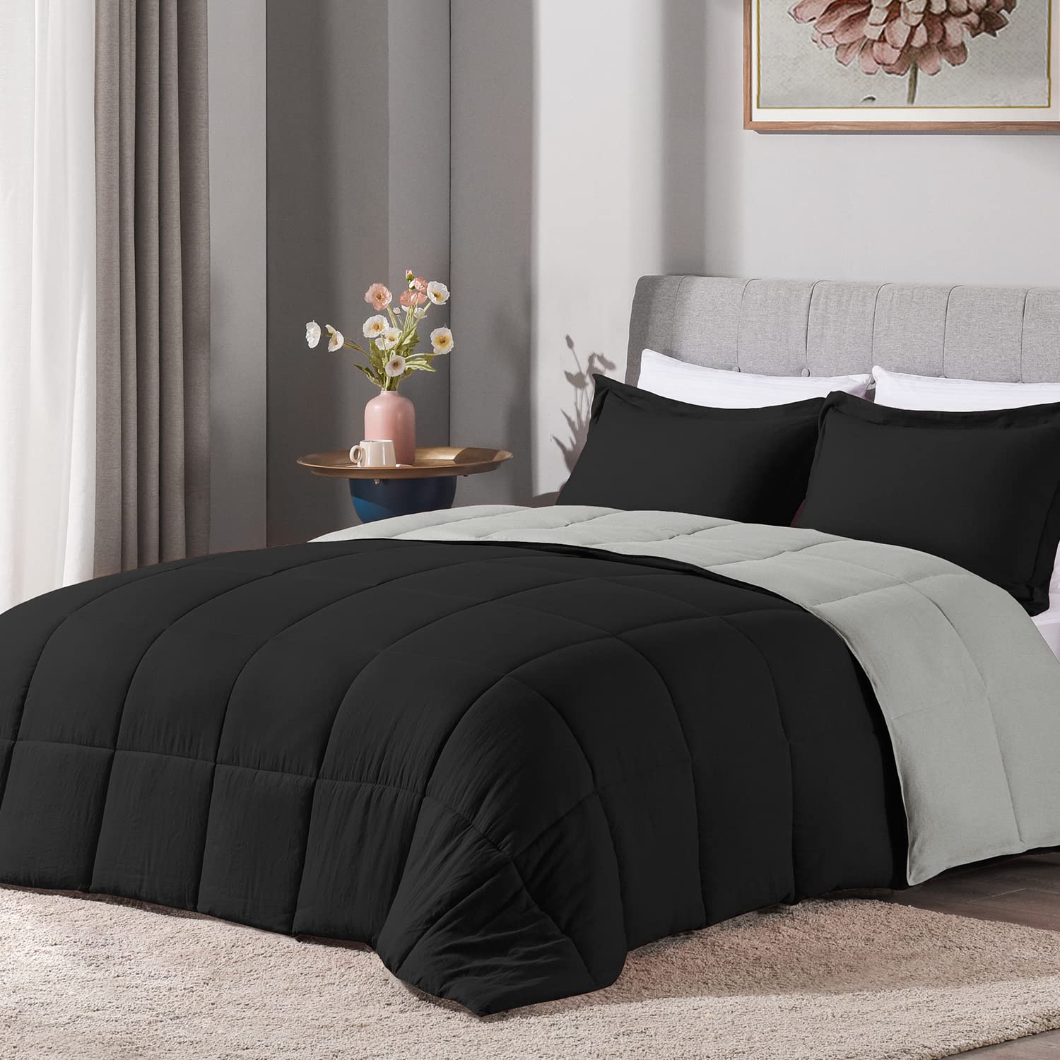 LOVTEX 3-Piece Queen Size Comforter Set - Ultra Soft Washed Microfiber Reversible Down Alternative Bedding in Black & Gray - Includes Comforter & 2 Pillow Shams | Perfect for Master Bedroom, Guest Room & Cozy Winter Nights