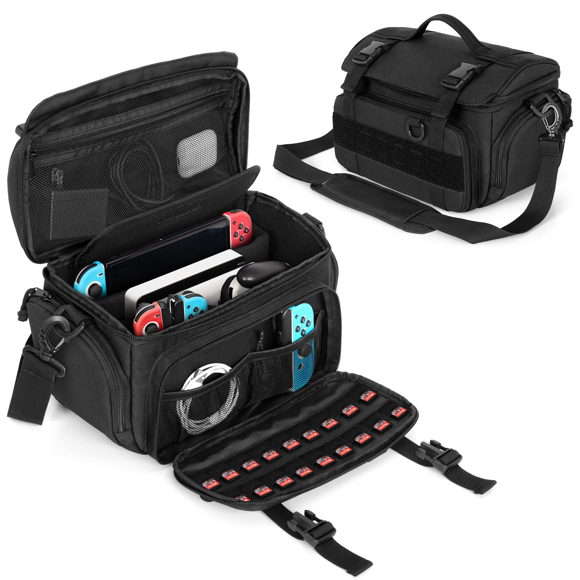 PGmoon Tactical Shoulder Bag for Nintendo Switch & ASUS ROG Ally - Durable Travel Case with 18 Game Card Slots, Multi-Pockets for Dock, AC Adapter & Controllers - Perfect for Gaming On-The-Go, Commuting & Travel Accessories