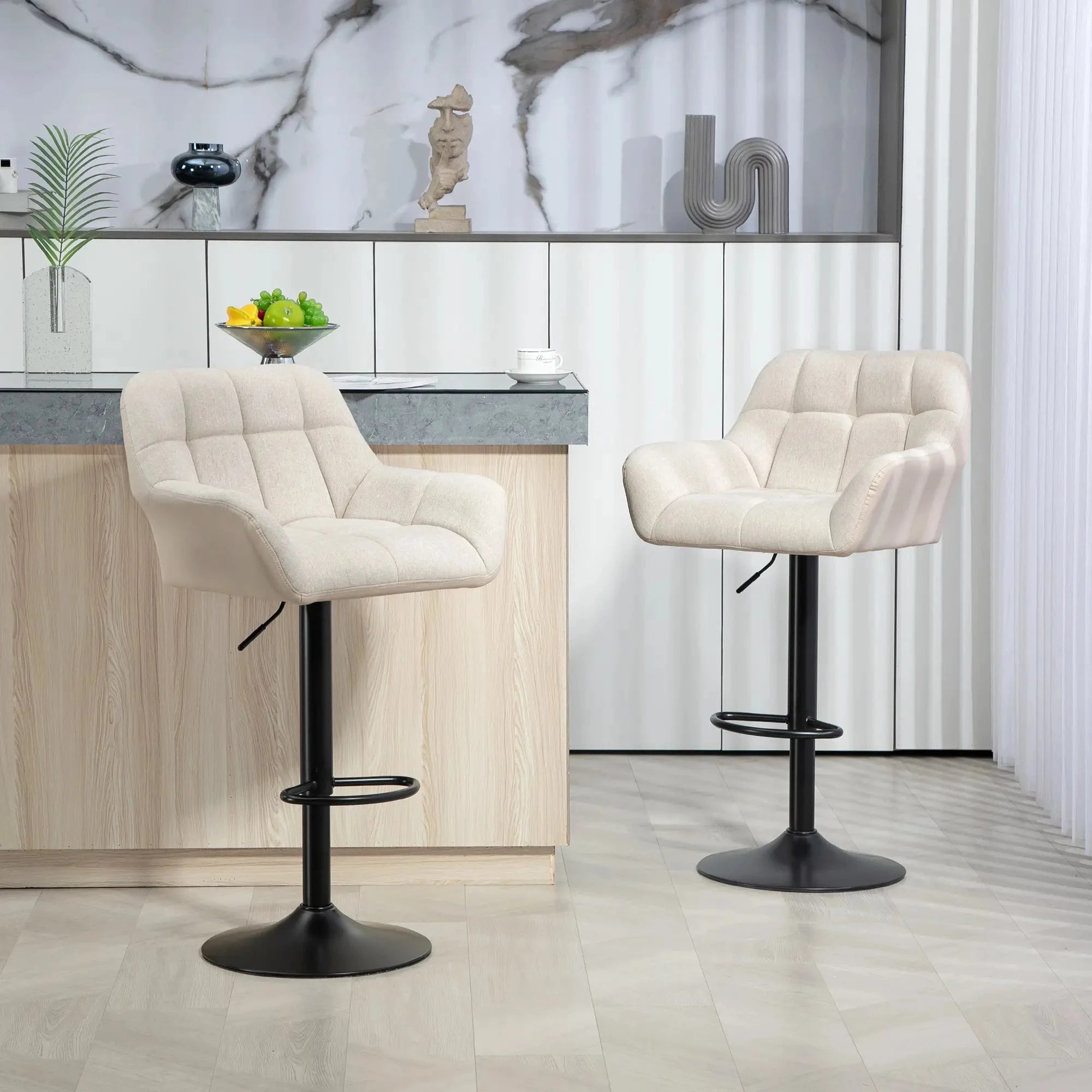 Swivel Adjustable Bar Stools (Set of 2) - Faux Leather & Linen Touch Fabric - 5 Color Options - Perfect for Kitchen Islands, Home Bars & Dining Areas