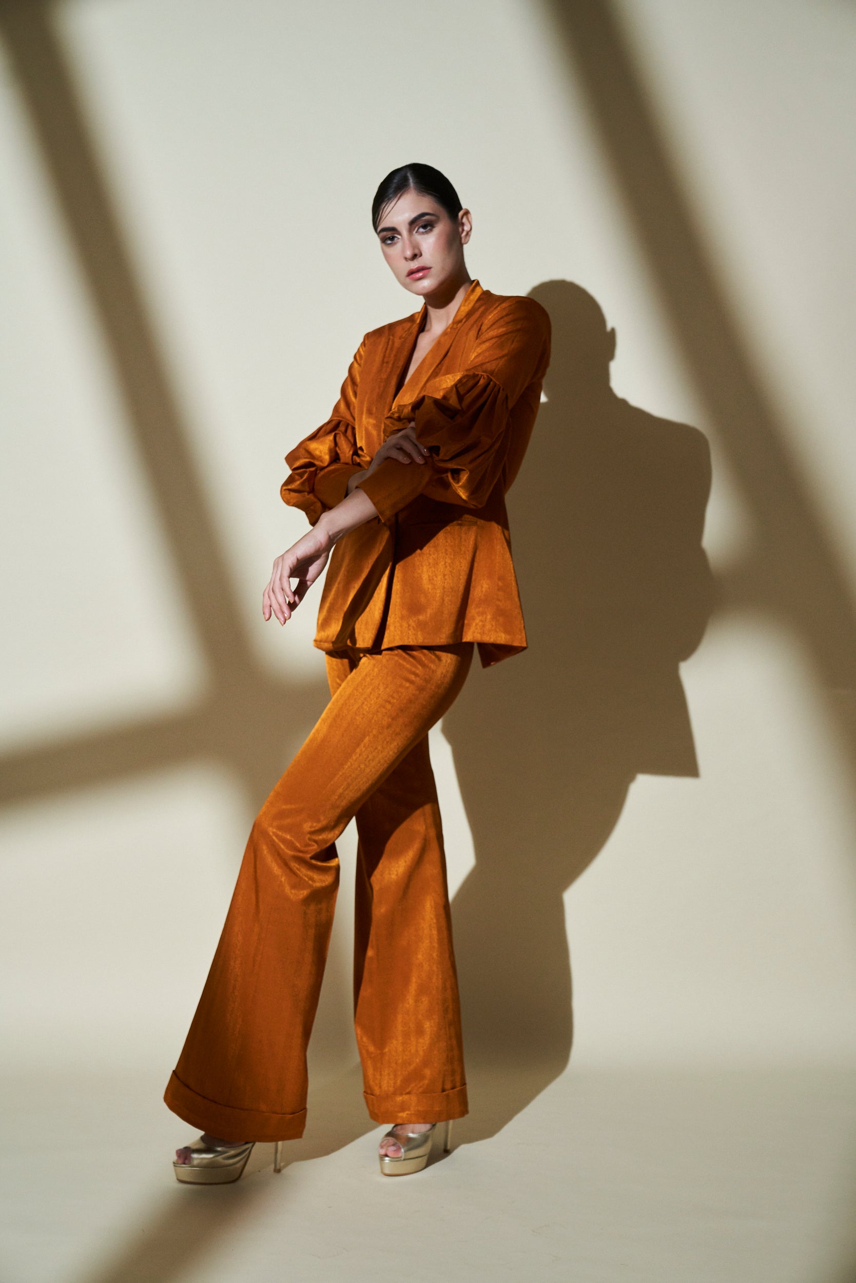Mustard Yellow Gold 3 Piece Pant Suit With Balloon Sleeves for Women | Formal Office Wear & Special Occasion Outfit