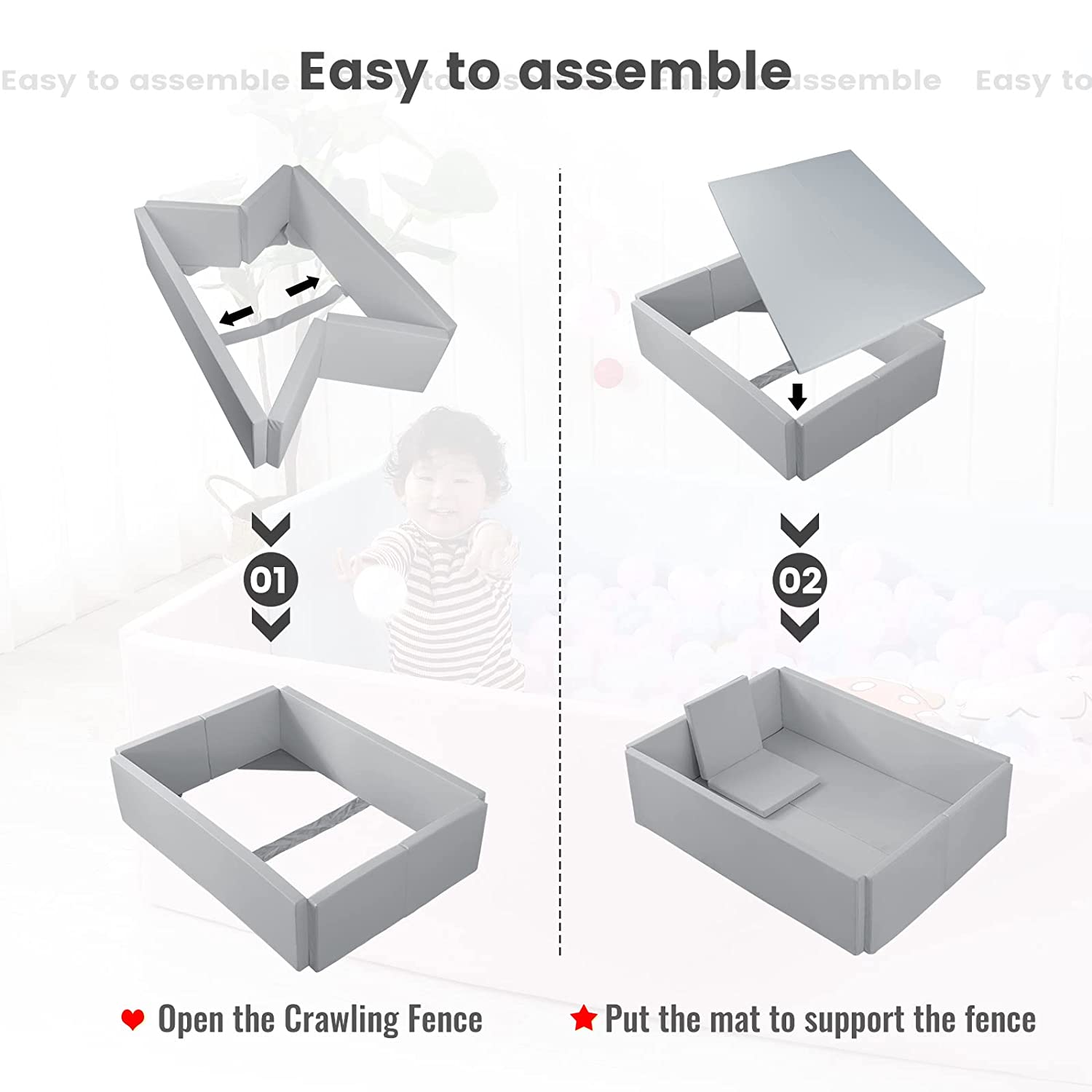 Soft Foam Foldable Grey Ball Pit Crawling Fence - Safe Playpen for Toddlers & Kids - Indoor/Outdoor Playground for Home, Daycare & Backyard Fun