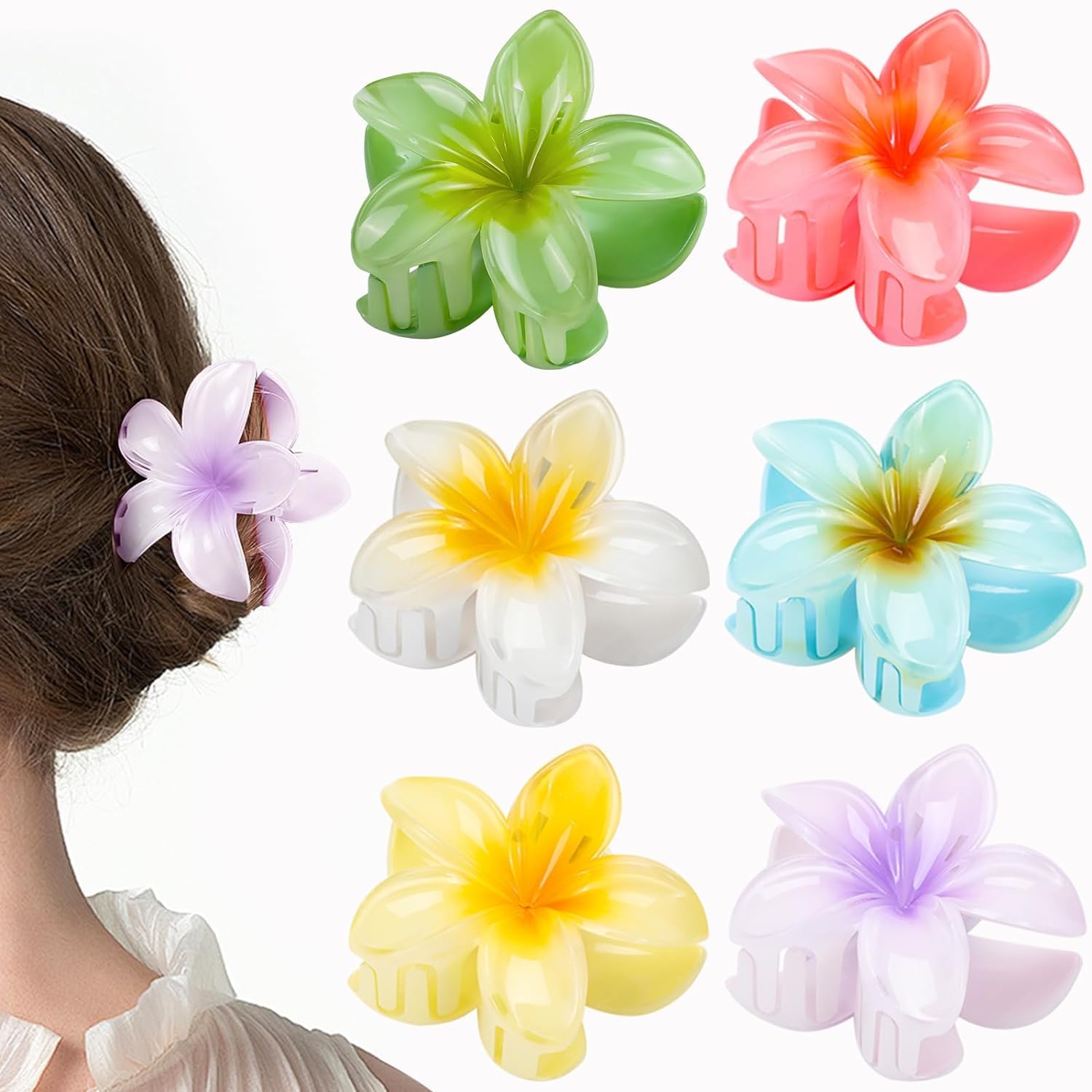 6 Pack Flower Claw Hair Clips for Women - Preppy Hawaiian Plumeria Hair Accessories for Thick & Thin Hair - Perfect for Teens, Beach, Summer & Everyday Styling
