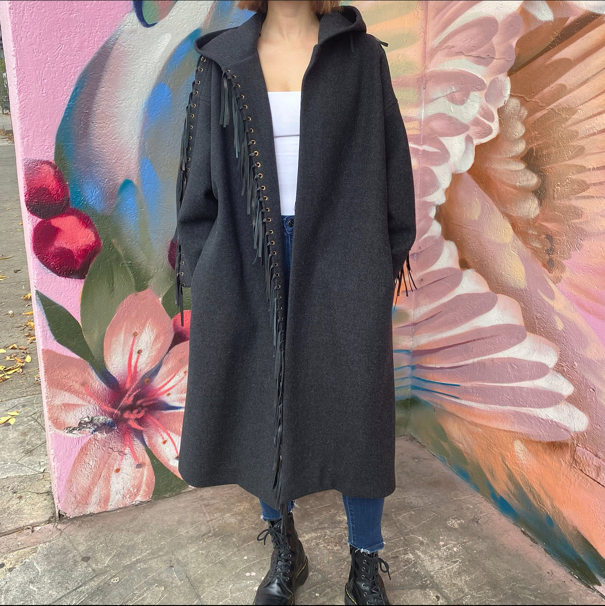 Chloe Charcoal Grey Wool Belted Coat with Leather Fringe - Women's Winter Trench Coat Size FR38 (S/M) for Office, Travel & Formal Occasions