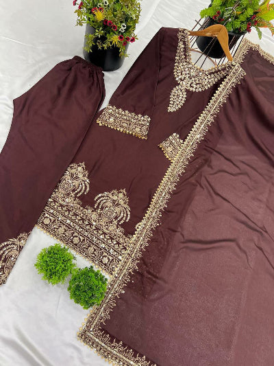 Mocha Brown Chinon Silk Embroidered Palazzo Suit Set for Women - Elegant Indian Ethnic Wear for Weddings, Parties & Festive Occasions