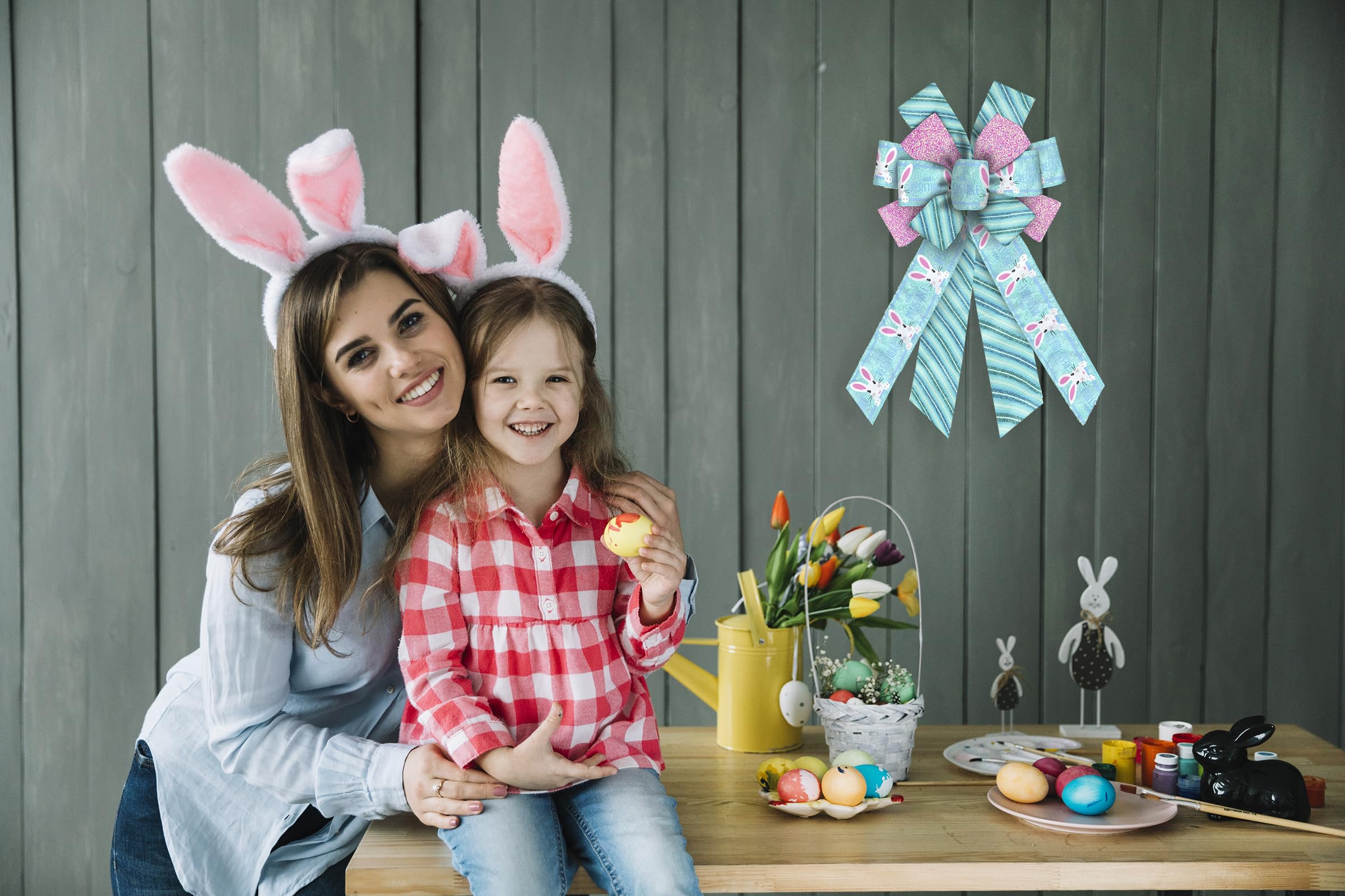 Large Easter Bunny Bows for Wreaths - Glitter Pink & Blue Spring Rabbit Burlap Bows - Holiday Tree Topper & Front Door Decorations - Perfect for Easter Wreaths, Party Supplies & Home Decor