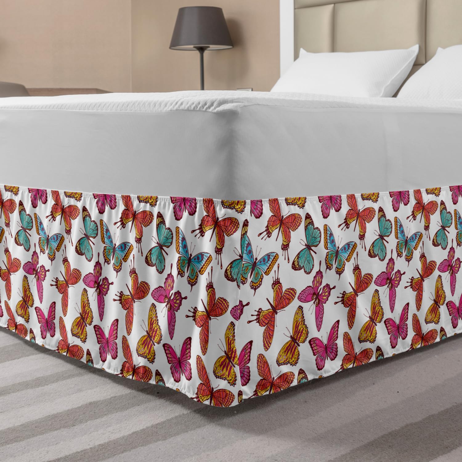 Ambesonne Butterflies Bed Skirt - Colorful Summer Wings Design with Wrap Around Elastic & Gathered Trim - Queen Size Bedroom Decor for Elegant Home Styling | Perfect for Guest Rooms, Master Bedrooms & Vacation Homes