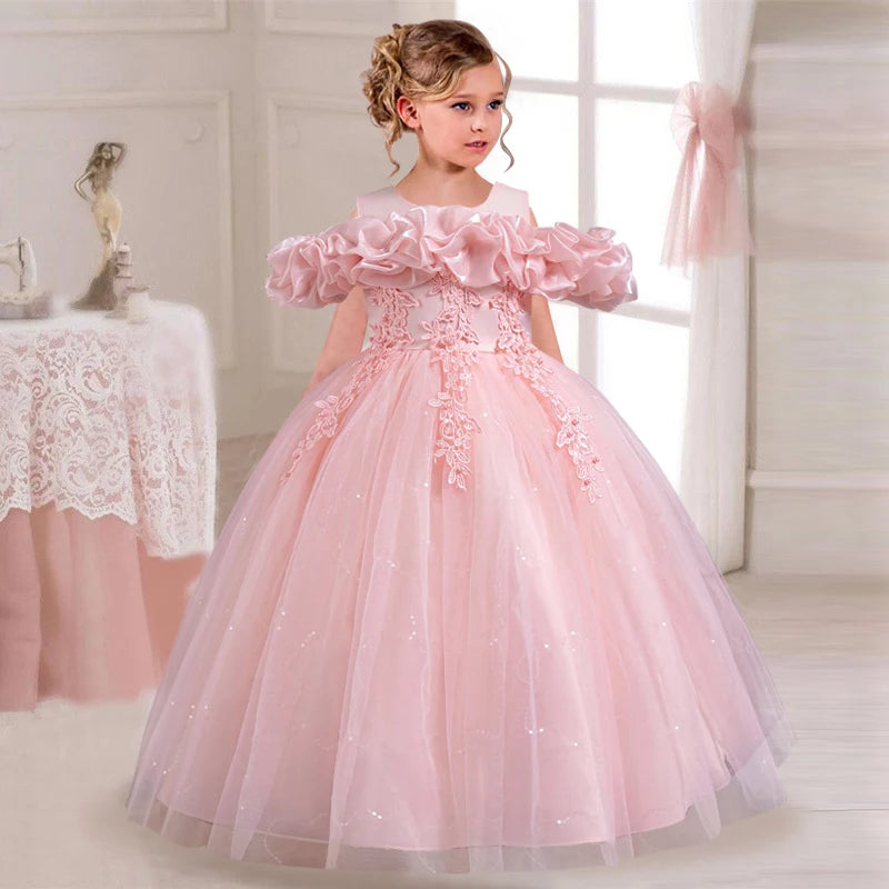 Girl's Off Shoulder Pearl Princess Dress with Bubble Sleeves - Elegant Birthday & Wedding Party Gown for Ages 4-12 Years | Perfect for Pageants, Tea Parties & Special Occasions