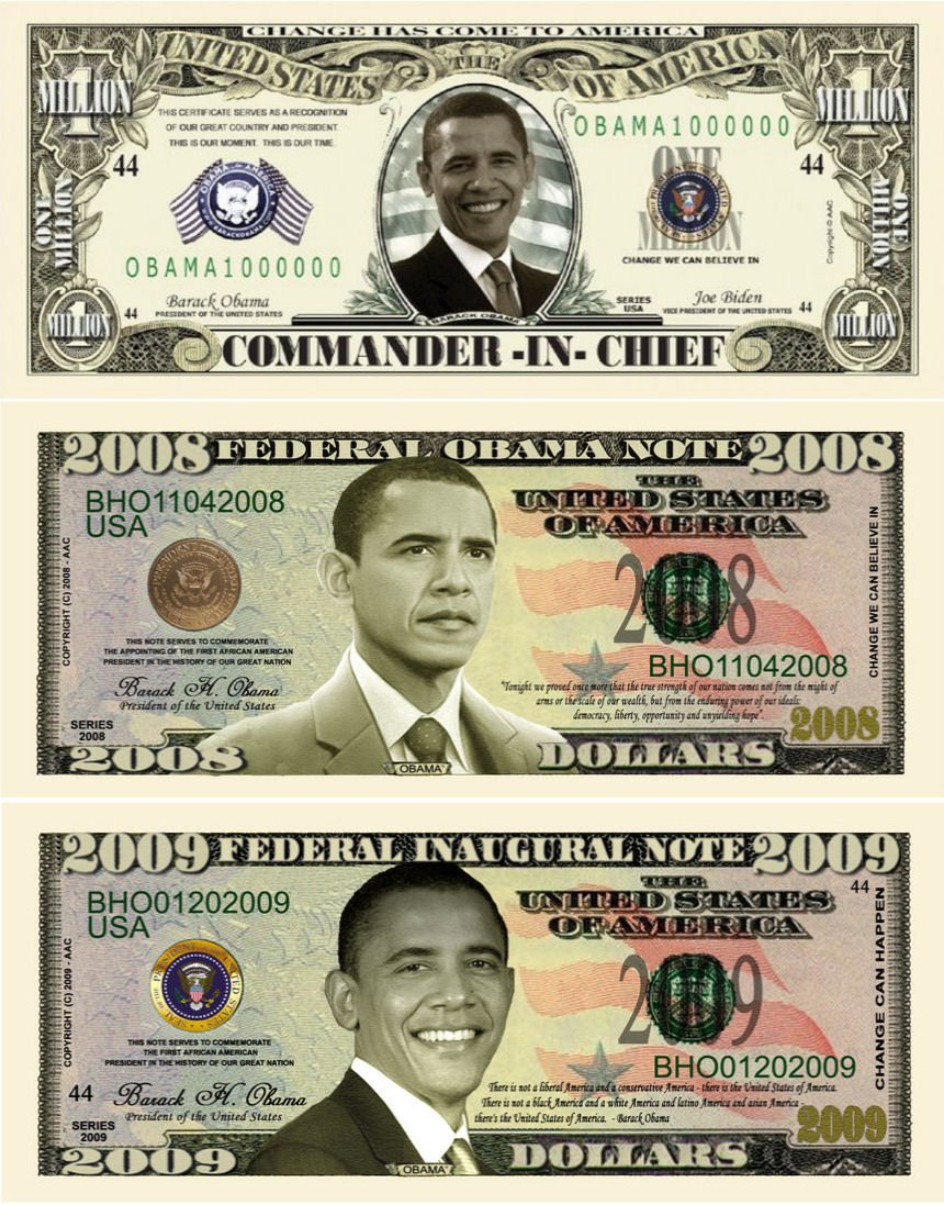 Barack Obama 44th President Commemorative Dollar Bill Set - 1 Million Dollar Bill, 2008 Federal Obama Note & 2009 Inaugural Note - Collectible Currency for Political Memorabilia Enthusiasts, Perfect for Display, Gifts and Historical Collections