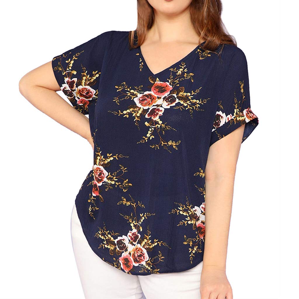Floral Print V-Neck Short Sleeve Plus Size Women's Top - Casual Cuffed Blouse for Summer Outfits & Everyday Wear