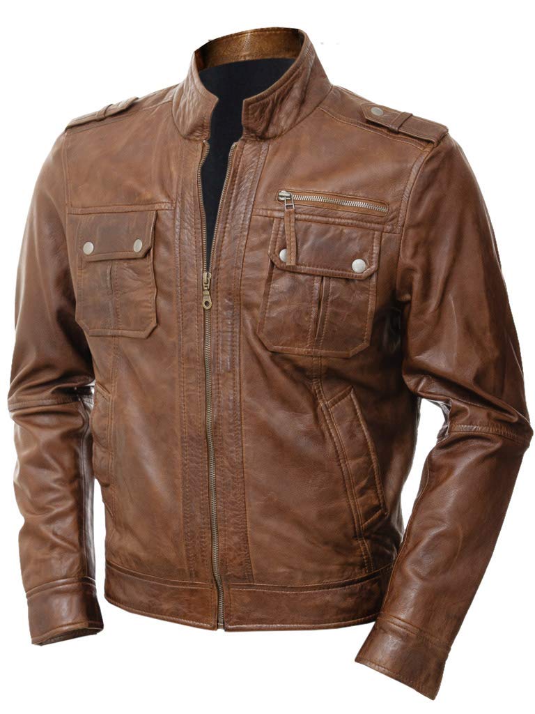 Men's Brown Leather Jacket - Genuine Sheepskin Cafe Racer Motorcycle Jacket with Distressed Look | Perfect for Bikers & Casual Streetwear