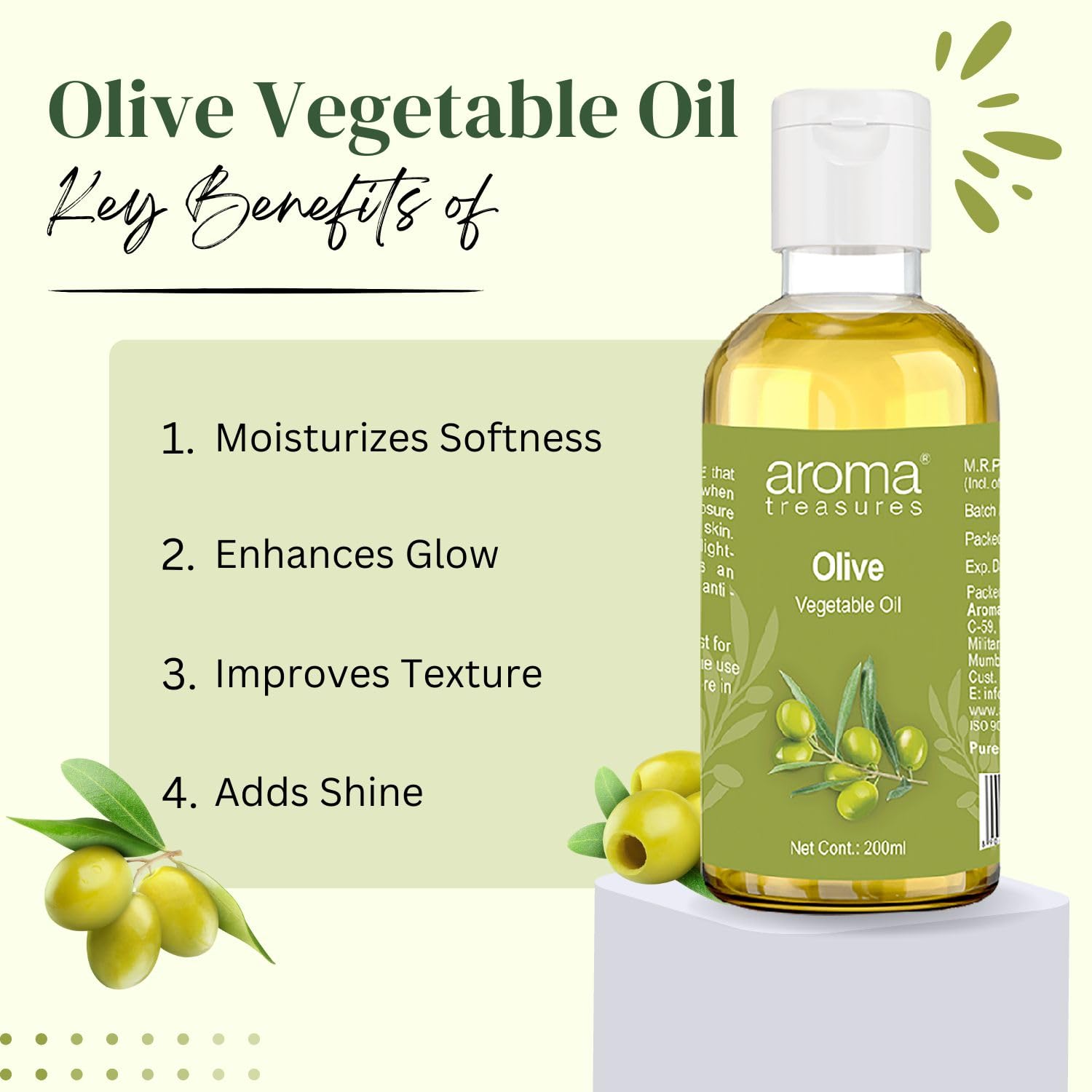 Aroma Treasures Pure Olive Oil with Vitamin E - 200ml Cold Pressed Extra Virgin for Skin Care, Hair Growth & Massage - Natural Moisturizer for Face, Body & Scalp