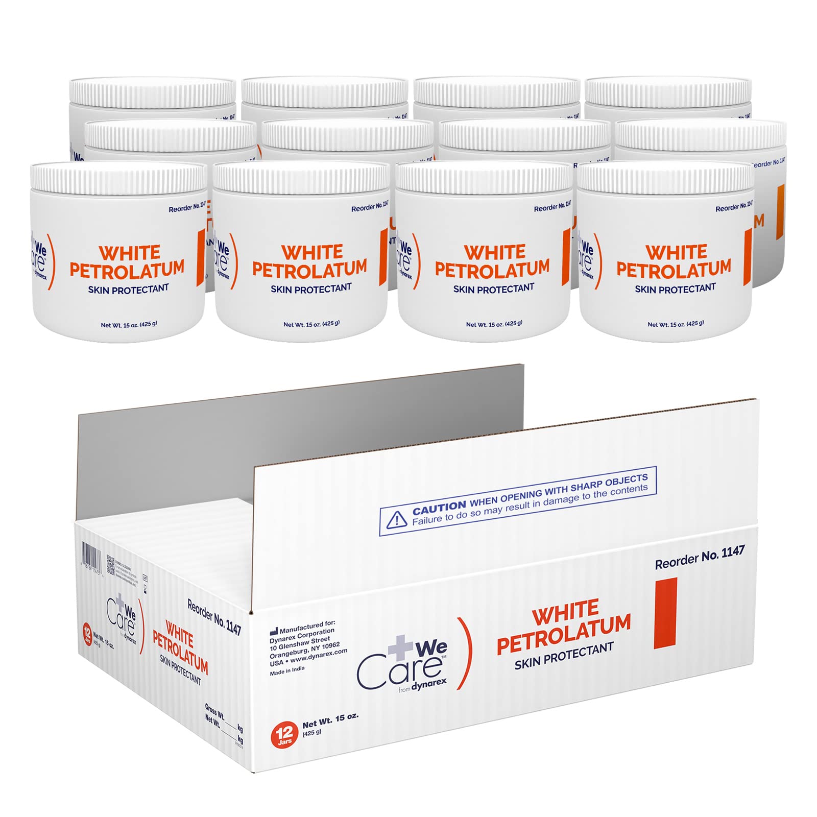 Dynarex White Petrolatum Jars - 12 Pack of 15 oz (425g) Petroleum Jelly for Dry, Cracked Skin & Minor Irritations | Moisturizing Skin Protectant for Lips, Hands, Feet & Eczema Relief | First Aid & Daily Skincare Essential