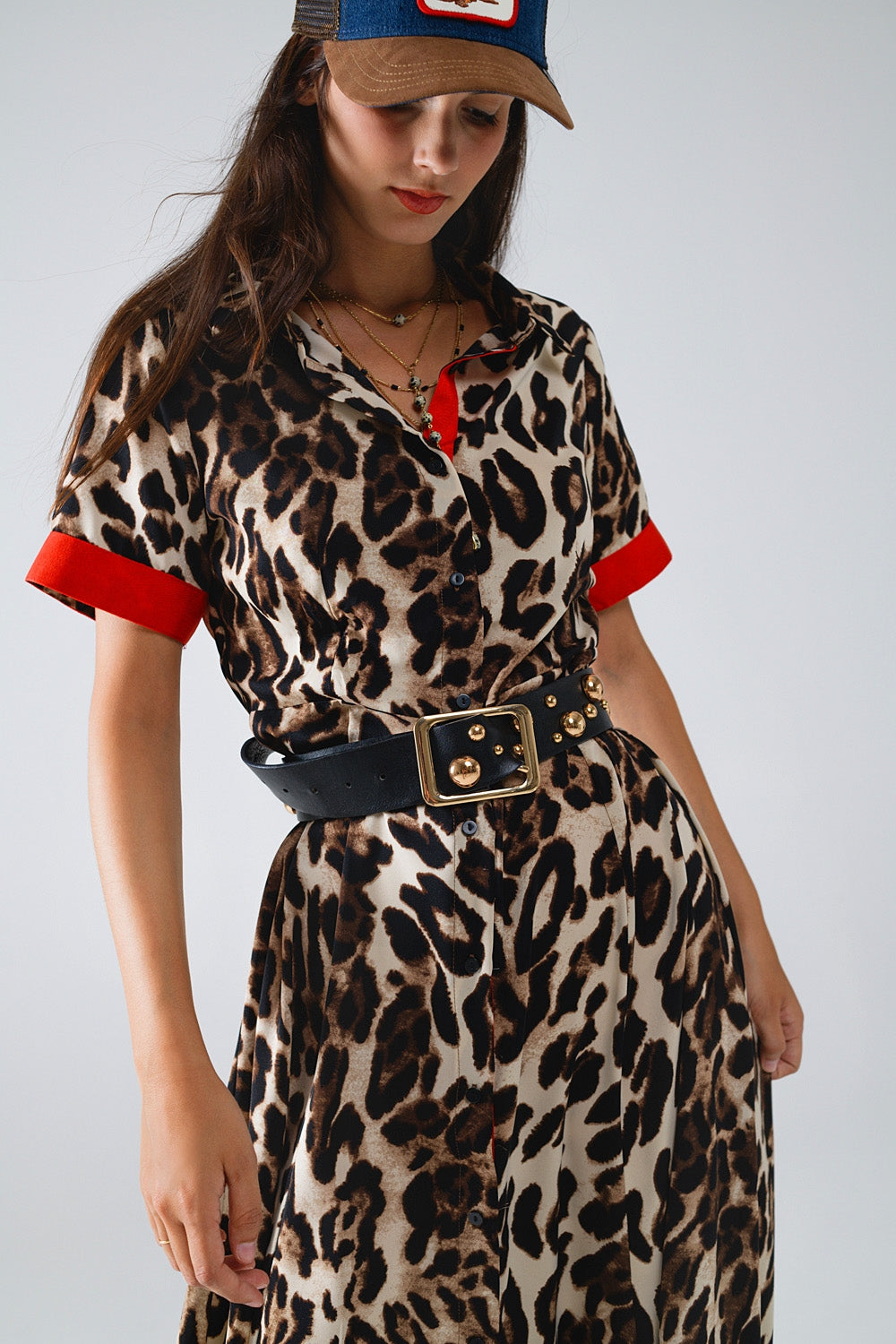 Leopard Print Long Button-Down Robe with Red Accents - Elegant Loungewear for Women, Perfect for Spa Days, Relaxing at Home, or Bridal Party Gifts