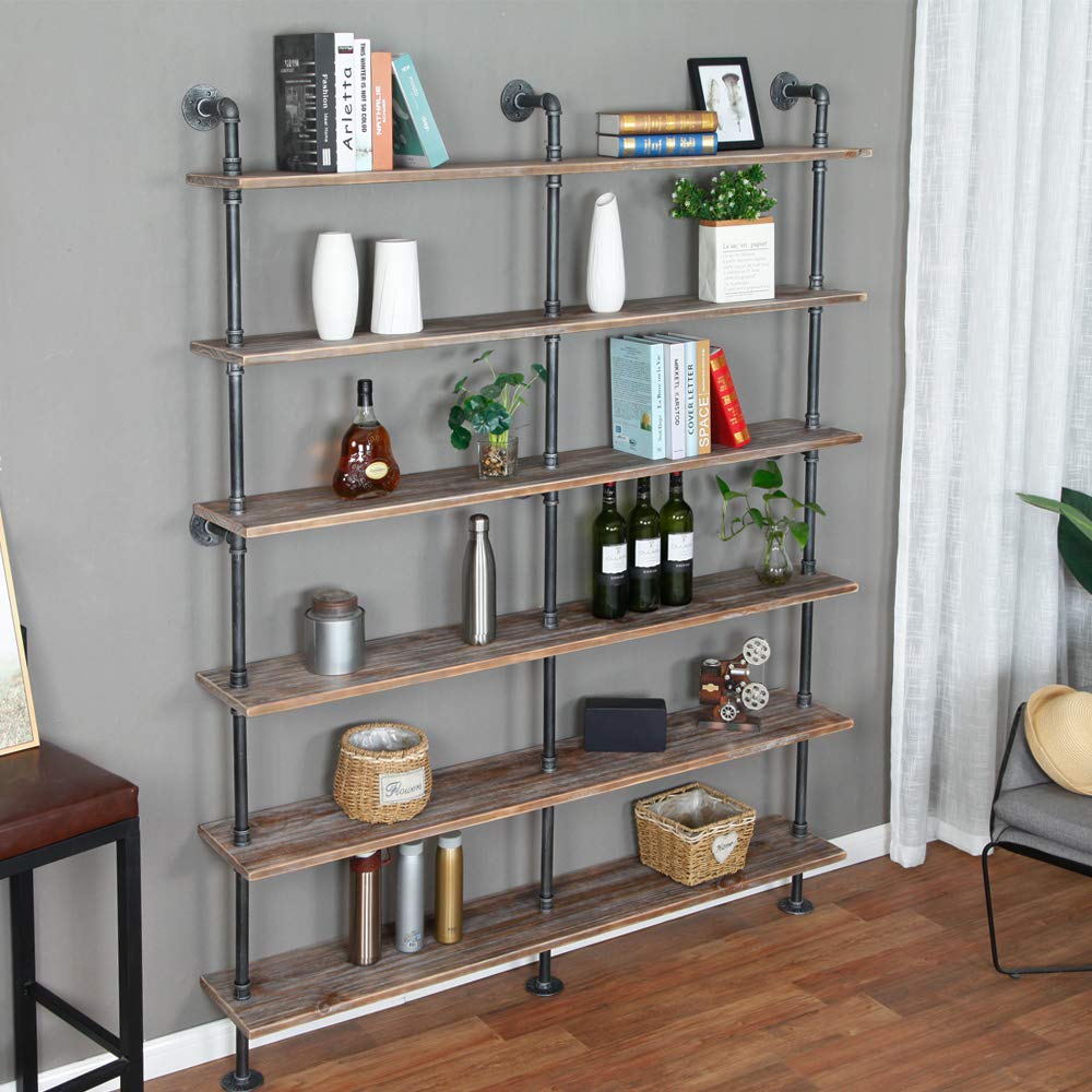 Industrial 6-Tier Modern Ladder Shelf Bookcase - Solid Wood Storage & Display Shelving - Wall Mounted Pipe Wood Shelves - Vintage Wrought Iron Finish (Gray) - Perfect for Home Office, Living Room & Bedroom Organization