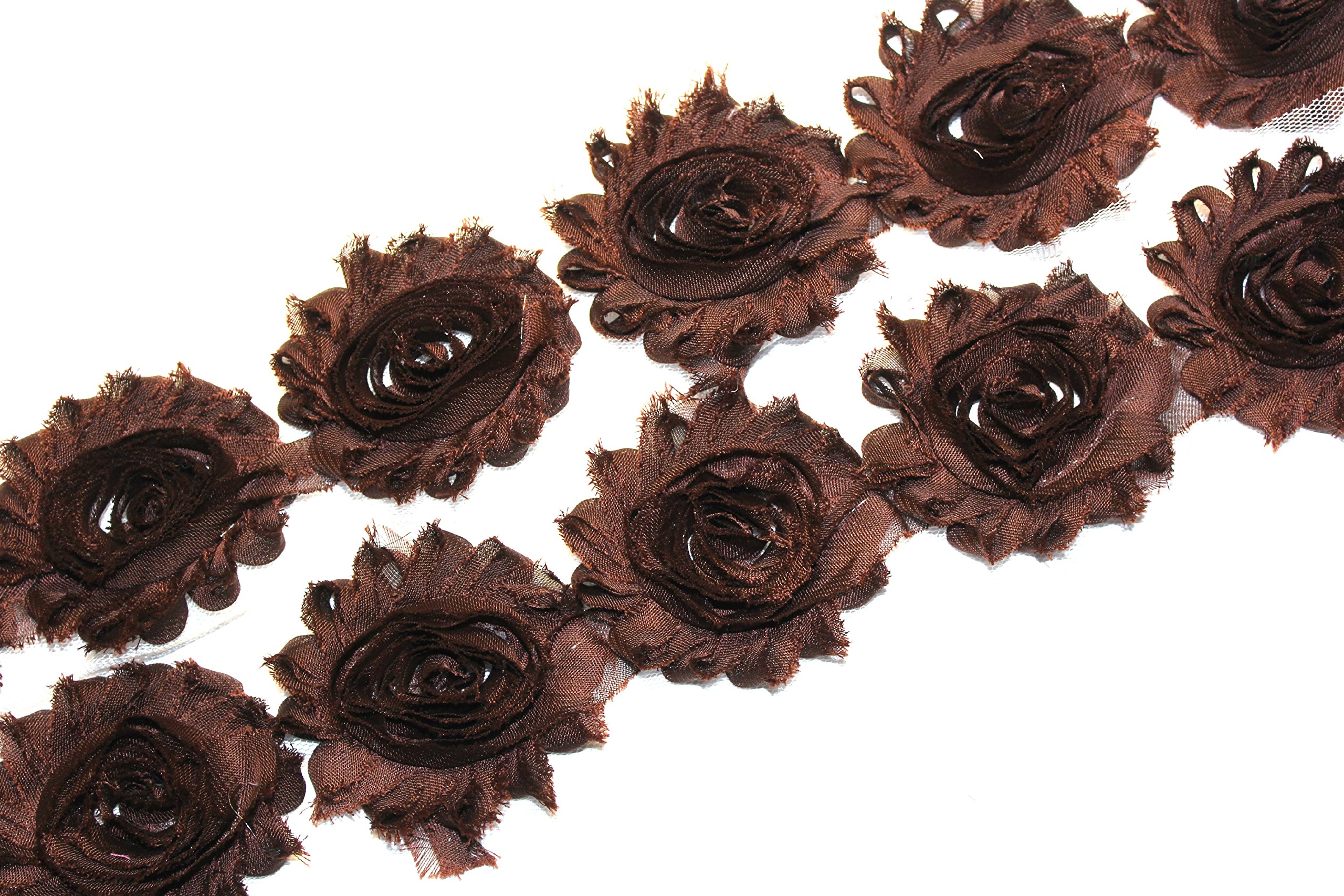 3 Yards 42-Piece 2.5 Inch Shabby Rose Trim - Brown Chiffon Rosette Flowers for DIY Crafts, Wedding Decorations, Headbands & Hair Accessories