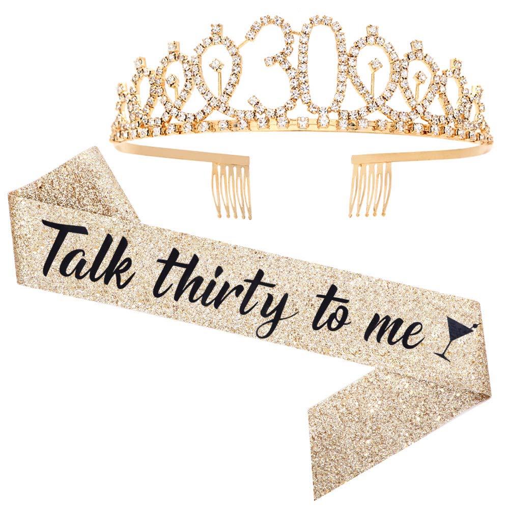30th Birthday Sash & Rhinestone Tiara Set - Glamorous Women's Birthday Party Accessories for 30th Birthday Celebrations, Bachelorette Parties & Special Occasions