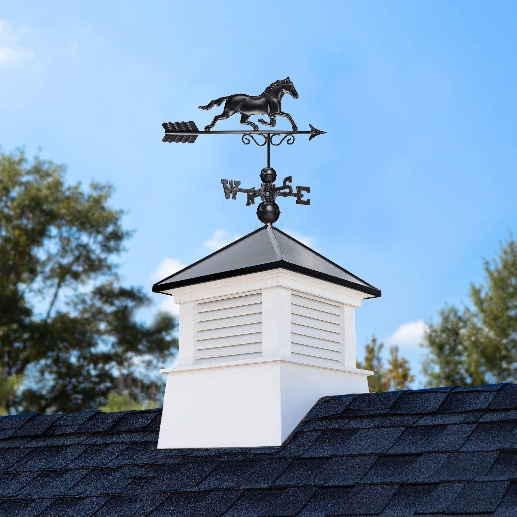 30 Square Manchester Vinyl Cupola with Black Aluminum Roof & Horse Weathervane - Perfect for Barn, Shed, or Garage Ventilation & Decoration
