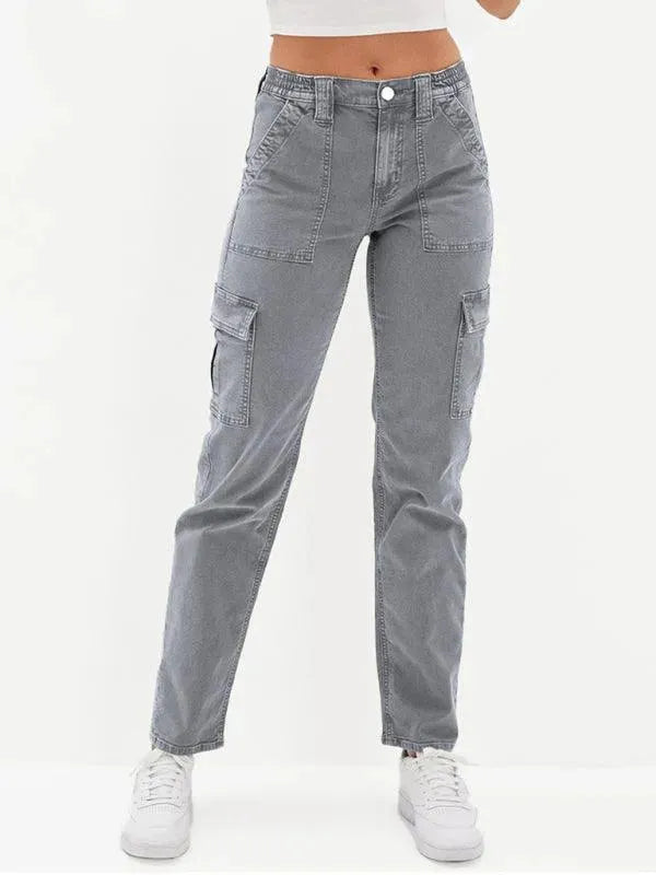 Washed Women's Cargo Denim Jeans - Stylish & Comfortable High-Waisted Pants for Casual Wear, Outdoor Adventures & Street Fashion