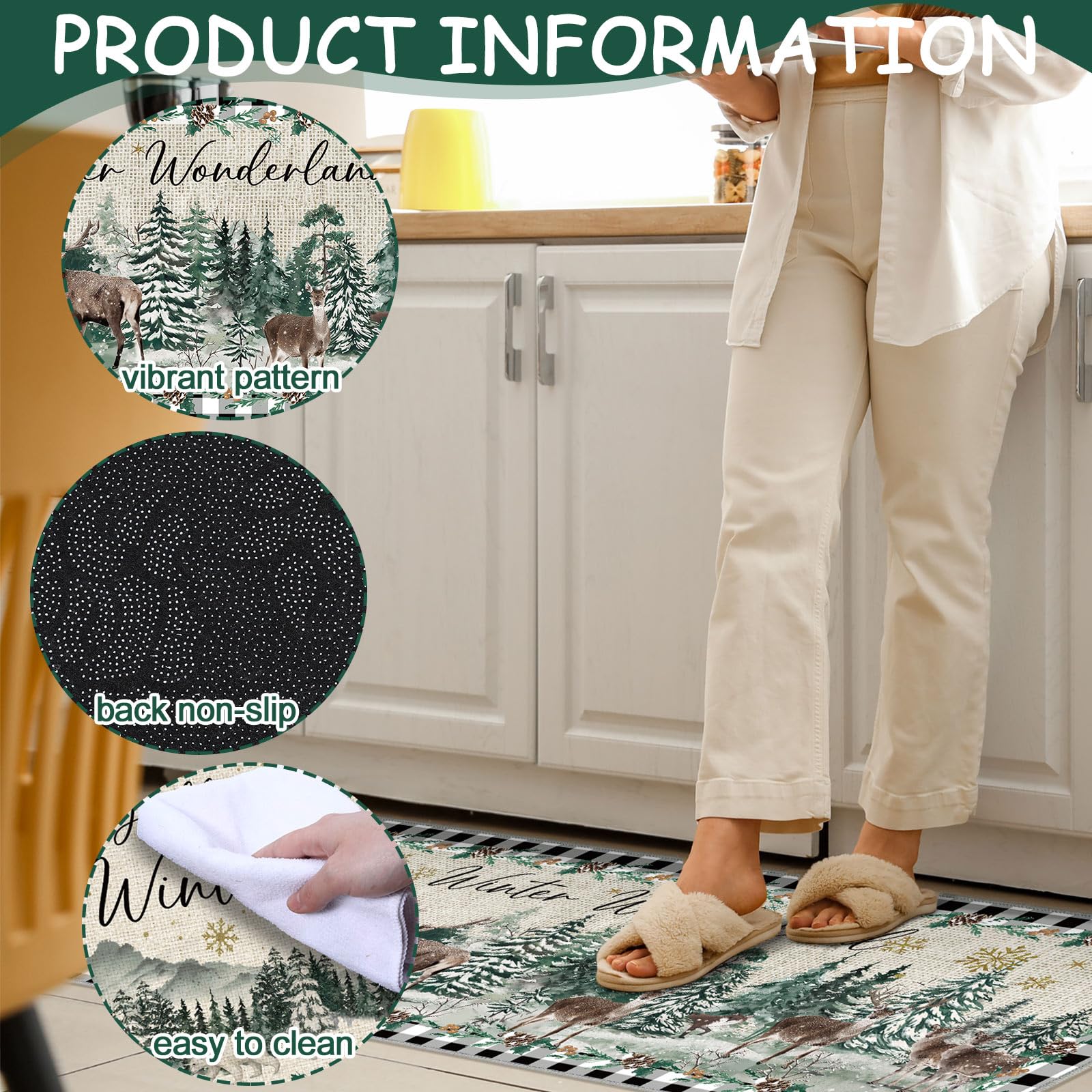 3-Piece Winter Wonderland Non-Slip Kitchen Mat Set - Waterproof Washable Floor Rugs for Farmhouse Decor, Holiday Home, Office, Bathroom & Party - Cozy Rustic Floor Mats for Christmas Decorations & Winter Gatherings