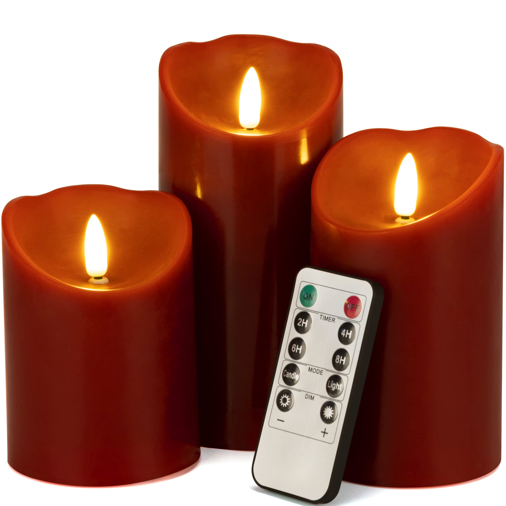 Battery Operated Flameless LED Candles with Remote & Timer - Set of 3 Real Wax Flickering Electric Candles for Christmas Decor, Home Party, Wedding Centerpiece & Holiday Ambiance (Red)